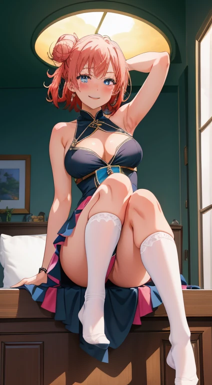 masterpiece, High quality, Best Quality, High resolution, 4K, High Definition, Beautiful lighting,1girl in, Short hair, Pink hair, Pink eyes, Yui, Hair bun, smile, blushing, look at viewer、japanes、red blush, full body, full pose, 2d, masterpiece, best quality, anime, full body, full pose, highly detailed, cowboy shot, 1girl, solo, blue eyes, naked, bangs, black knee socks, , blushing, sitting, thigh band, armpits, hands behind head, serious face, serious smile, feets, cowboy shot, looking at viewer, living room background,