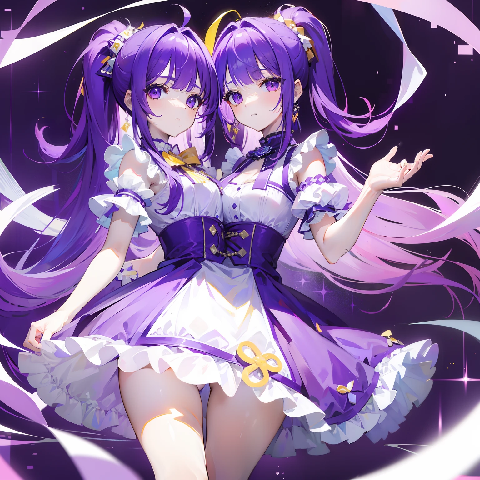 (masterpiece, best quality), best resolution, (2heads:1.5), 1girl, Long purple bangs，Energetic high ponytail hair，A simple dress with purple, yellow and white accessories，A cute and lively beautiful two-headed girl with a very attractive charm