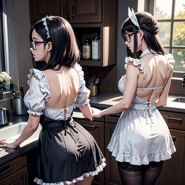 Il y a une femme adulte avec des lunettes,dans une cuisine , préparer le repas, back view, french maid, soubrette , no skirt , juste un tablier, petite culotte dentelle blanche, cheveux noirs et mèches violettes, oreilles de chat sur la tête,  gros seins, belle poitrine , Décolleté important, Avatar de seconde vie, Belle capture d’écran, charme , Seconde vie, Plan rapproché du corps entier , femme séduisante, portant des lunettes noires brillantes