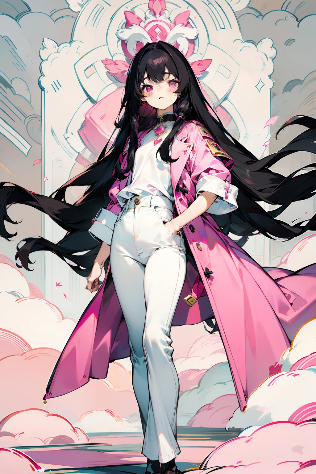 Masterpiece, Best quality, High definition,femele,Long black hair,Pink eyes,Pink long-sleeved coat,white short sleeve,Gray jeans,goodness,16 years old