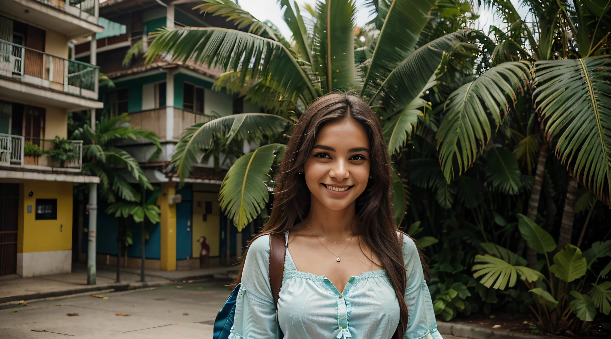 Criar uma imagem de um estudante brasileiro do Rio de Janeiro, Walking on the university campus. Ela tem pele morena e lisa, cabelo preto que cai suavemente sobre seus ombros. His eyes are brown and expressive, reflecting the liveliness and joy typical of the Brazilian people. The girl is wearing a blue short-sleeved blouse, typical of Brazil's tropical climate. Ela carrega uma mochila de estudante nas costas, adorned with colorful flecks that represent your creative and laid-back personality. His smile is contagious, revelando a gentileza e simpatia comuns entre os brasileiros. Enquanto caminha pelo campus, palmeiras e outras plantas tropicais ao fundo destacam o ambiente tropical do Rio de Janeiro. Por favor, capture all the details that make her a typical Rio student (carioca), and ensure that the image conveys the authenticity and warmth characteristic of the Brazilian people