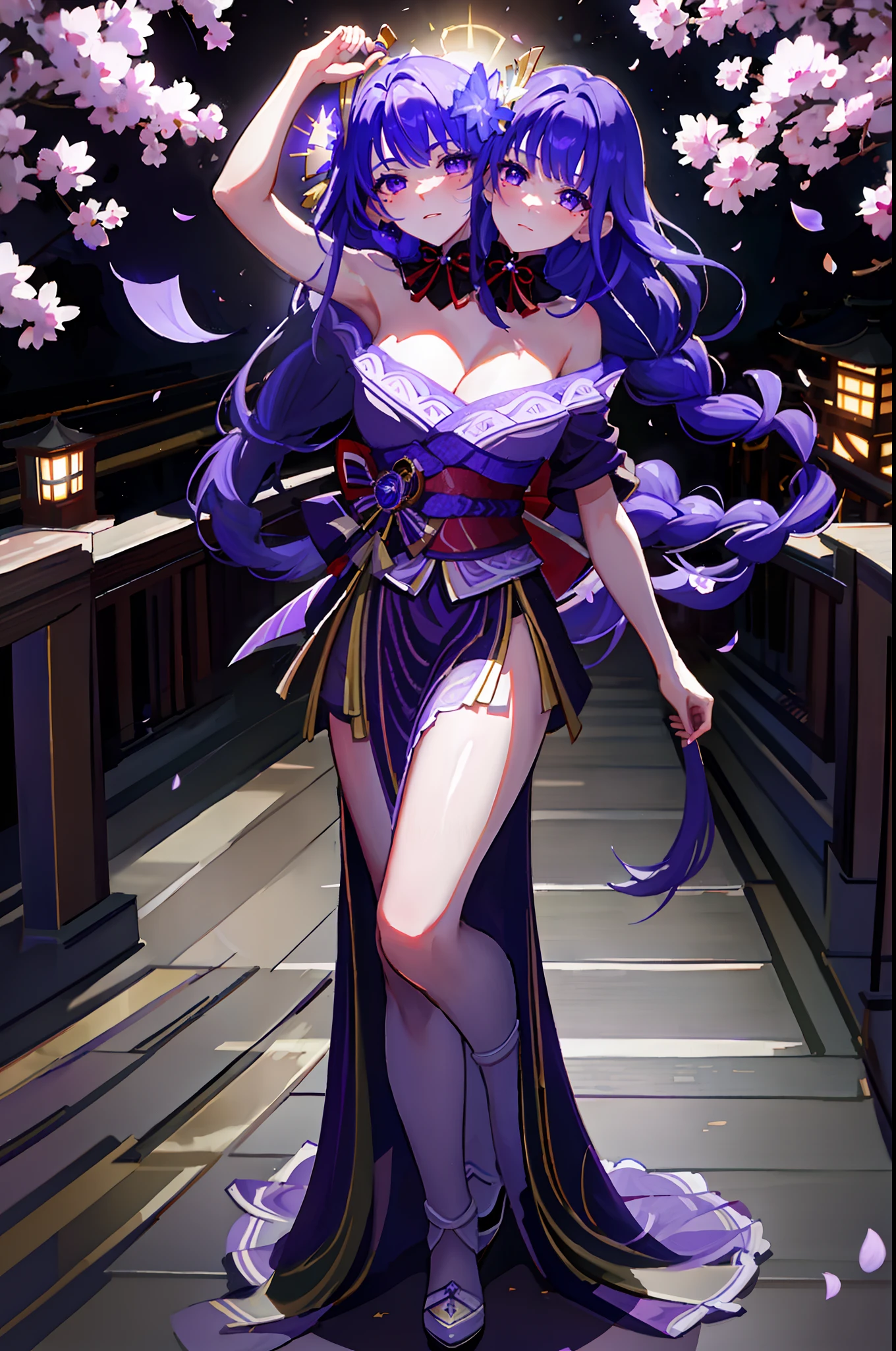 (masterpiece, best quality), best resolution, (2heads:1.5), 1girl, raiden shogun character, (There is a five-pointed star in the eye))Gorgeous Hair in Long Purple,(wedding gown),falling flower petals,Bridge in the middle,