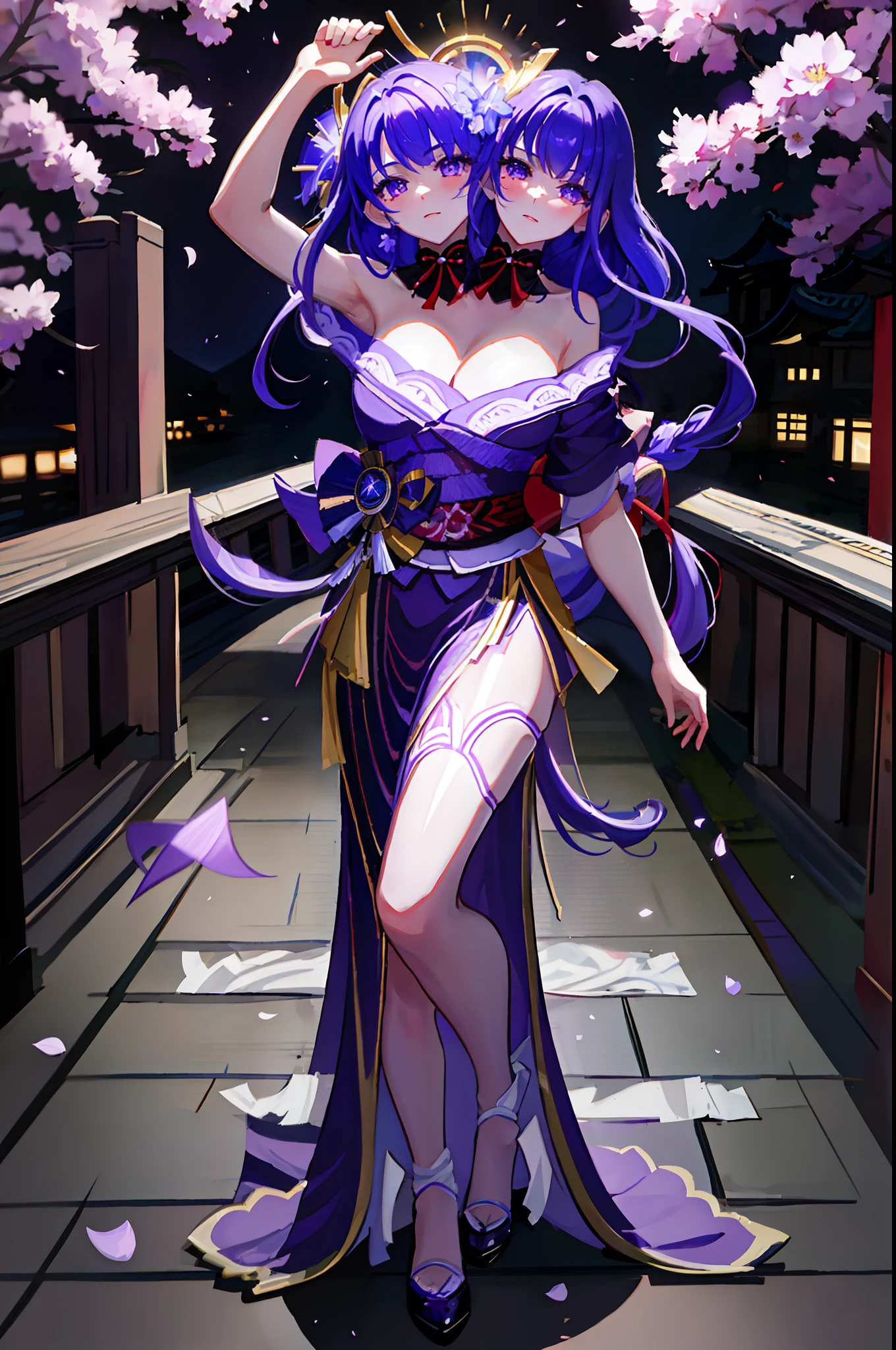 (masterpiece, best quality), best resolution, (2heads:1.5), 1girl, raiden shogun character, （There is a five-pointed star in the eye））Gorgeous Hair in Long Purple，（wedding gown），falling flower petals，Bridge in the middle，