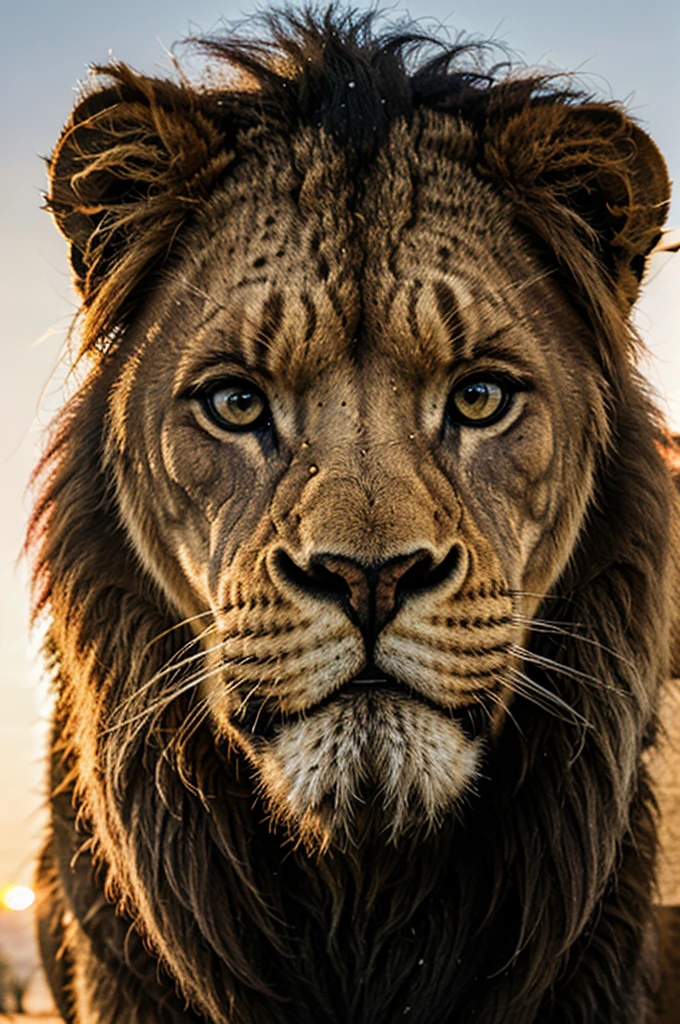 The face of a towering African lion, com detalhes de sua pelagem, Under sunset lighting, ultra detalhada, ultra realista