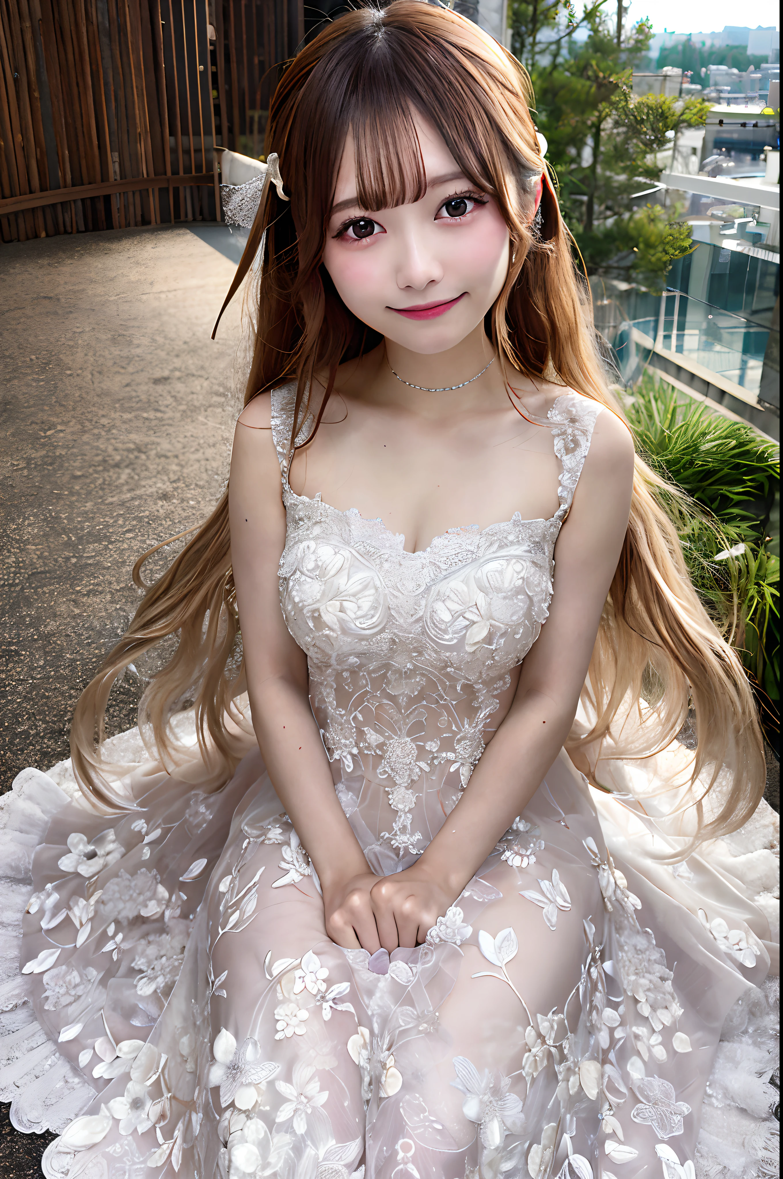 masutepiece, Best Quality, hight resolution, Oh Itsuki, Long hair, Smile,, Cowboy Shot,wedding dress,Itsuki Nakano,shot from top、japanes,a 