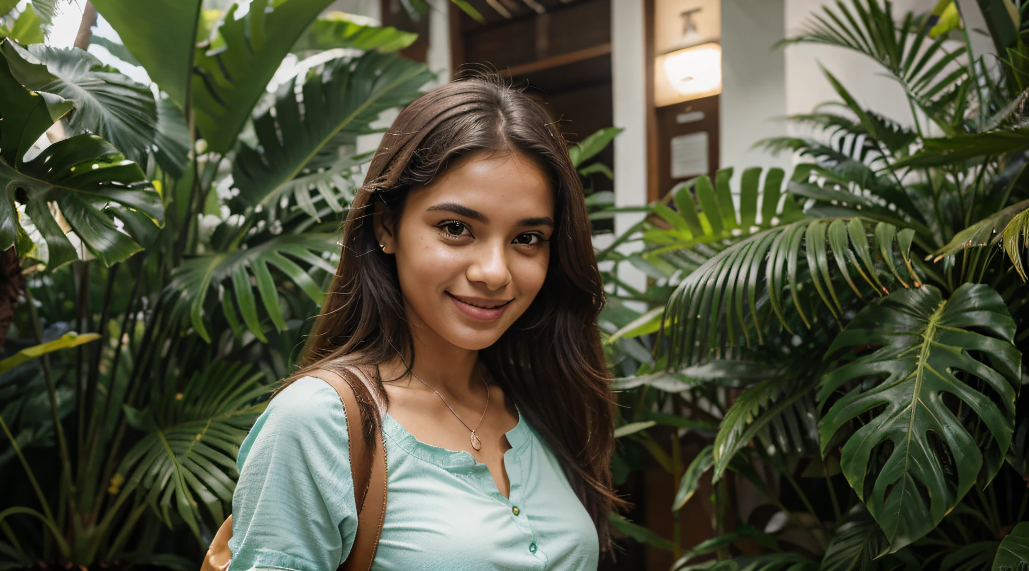Criar uma imagem de um estudante brasileiro do Rio de Janeiro, Walking on the university campus. Ela tem pele morena e lisa, cabelo preto que cai suavemente sobre seus ombros. His eyes are brown and expressive, reflecting the liveliness and joy typical of the Brazilian people. The girl is wearing a blue short-sleeved blouse, typical of Brazil's tropical climate. Ela carrega uma mochila de estudante nas costas, adorned with colorful flecks that represent your creative and laid-back personality. His smile is contagious, revelando a gentileza e simpatia comuns entre os brasileiros. Enquanto caminha pelo campus, palmeiras e outras plantas tropicais ao fundo destacam o ambiente tropical do Rio de Janeiro. Por favor, capture all the details that make her a typical Rio student (carioca), and ensure that the image conveys the authenticity and warmth characteristic of the Brazilian people