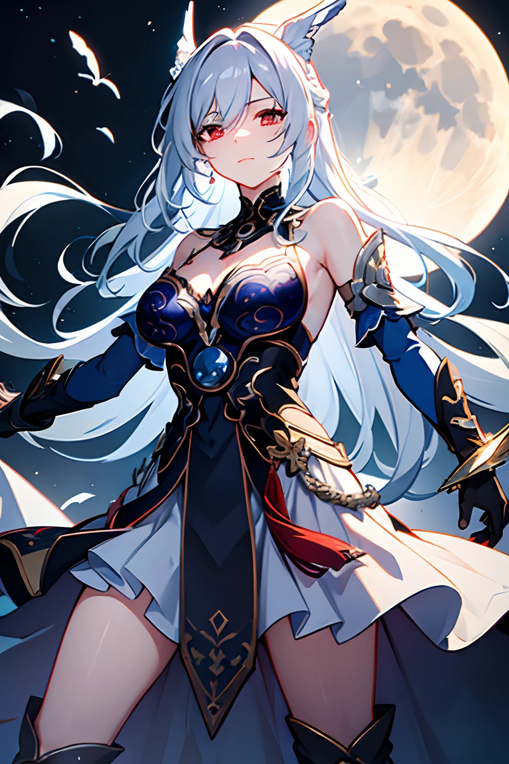 ((Finest quality)),(超A high resolution),(ultra-detailliert),((Best Anime)),sharpnes,vivid:1.1,Fantasy art with astounding depictions,Dense and detailed blue moon:1.6,grass field, ((goddess of the moon),Hold your bow and arrow towards the sky:1.5)