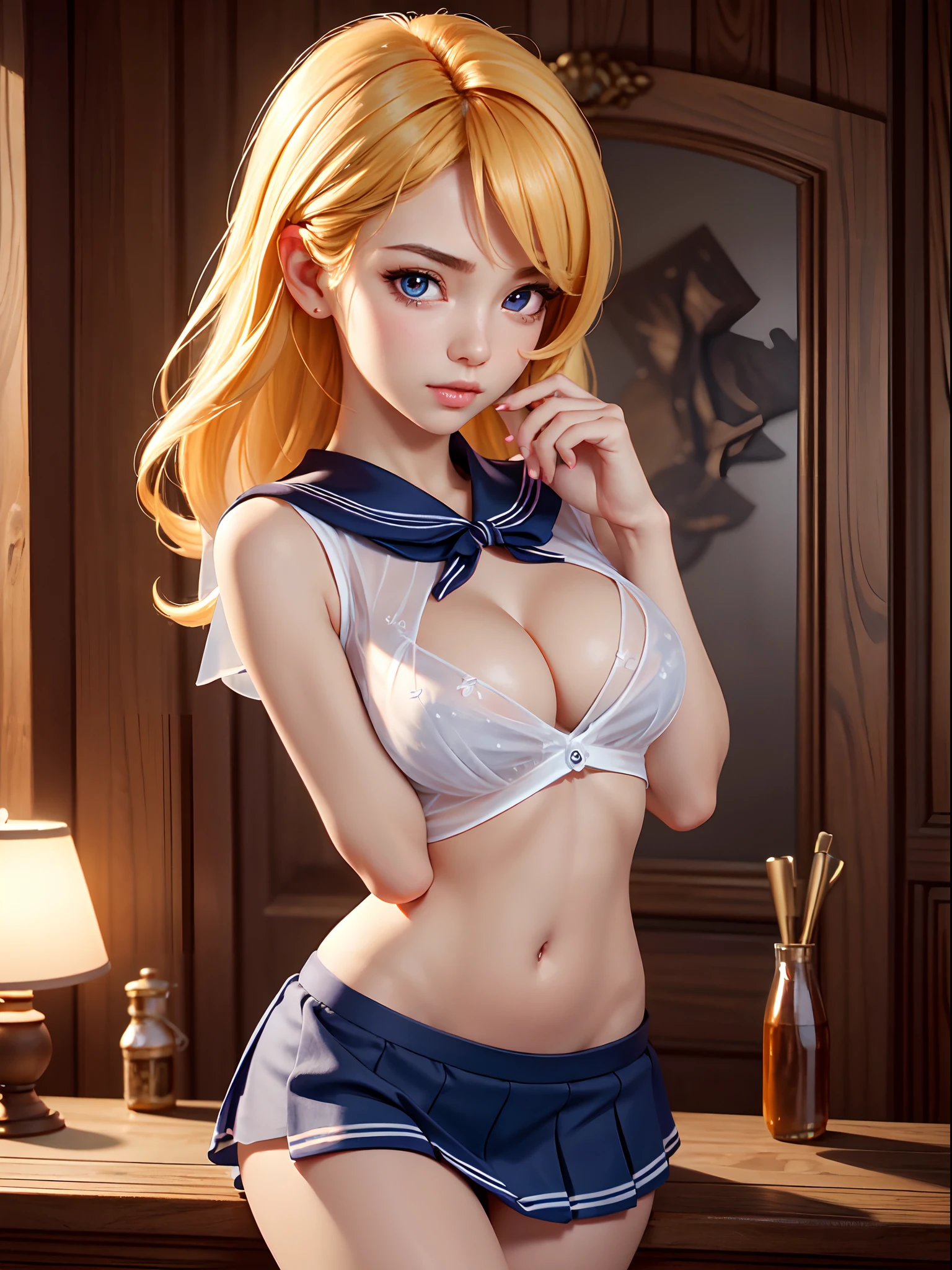 masterpiece, best quality, high quality, High definition, High quality texture, High quality shadow, high detail, beautiful detailed, finely detailed, extremely detailed cg, detailed texture, a realistic representation of the face, realistic, colorful, delicate, Cinematic Light, Ray tracing, sharp focus, (intricate details, makeup, PureErosFace_V1:0.5), (detailed beautiful delicate face, detailed beautiful delicate eyes, a face of perfect proportion, high detailed skin, detailed skin, best ratio four finger and one thumb, (((toppless))), (large breasts), (((cleavage))), ((Smooth texture, Realistic texture, Photorealistic)), Detailed beautiful eyes, Beautiful eyelashes, emerald eyes, Blonde medium hair 1 woman, at bedroom, (((sheer sailor shirt, Sleeveless, Open front))), (((Navel ))), (((Sheer Micro Mini Skirt))), (Beautiful face, Cute face, Detailed face), (cowboy shot), (((Sunny))), Perfect Eyes Eyes, transparent