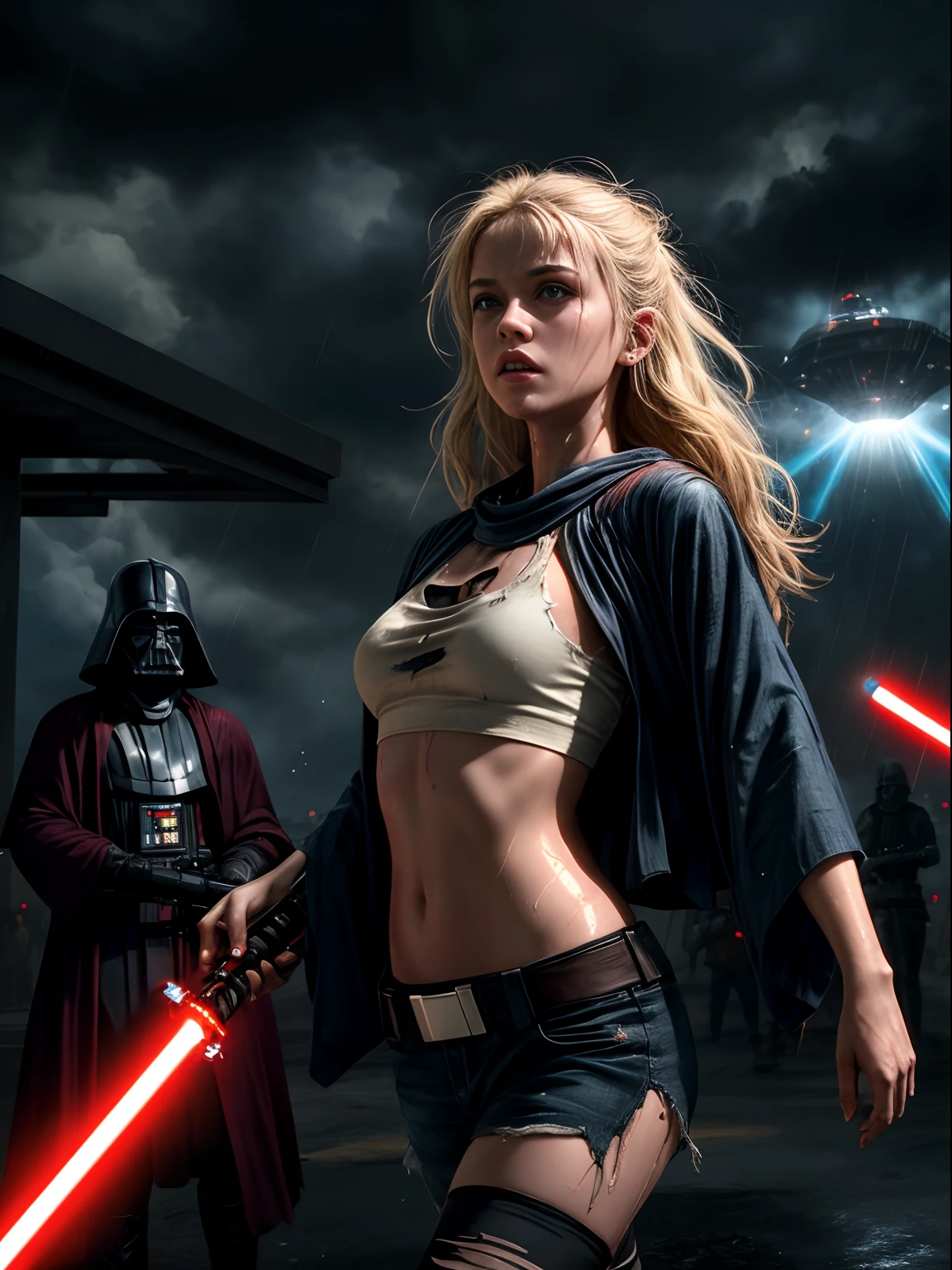 Cute young blonde, Jedi Girl with Long Wet Hair, Worn in torn cotton clothes, ripped clothes, crop-top, scratches, running from a horde of attacking Sith Lords wielding red lightsabers, they grabbing her, pulling a clothes, She holding a blue lightsaber in her hand, She desperately runs away, nighttime scene, in a space station, Storm Rain, starship, Photorealistic, Cinematic, An epic scene from the movie, Horror, fire