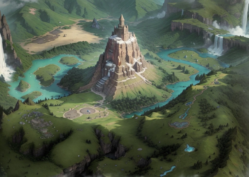 d&d world Map, dnd map, aerial view, fantasy map, roling hills, big mountain in the middle, waterfalls, volcano, masterpiece