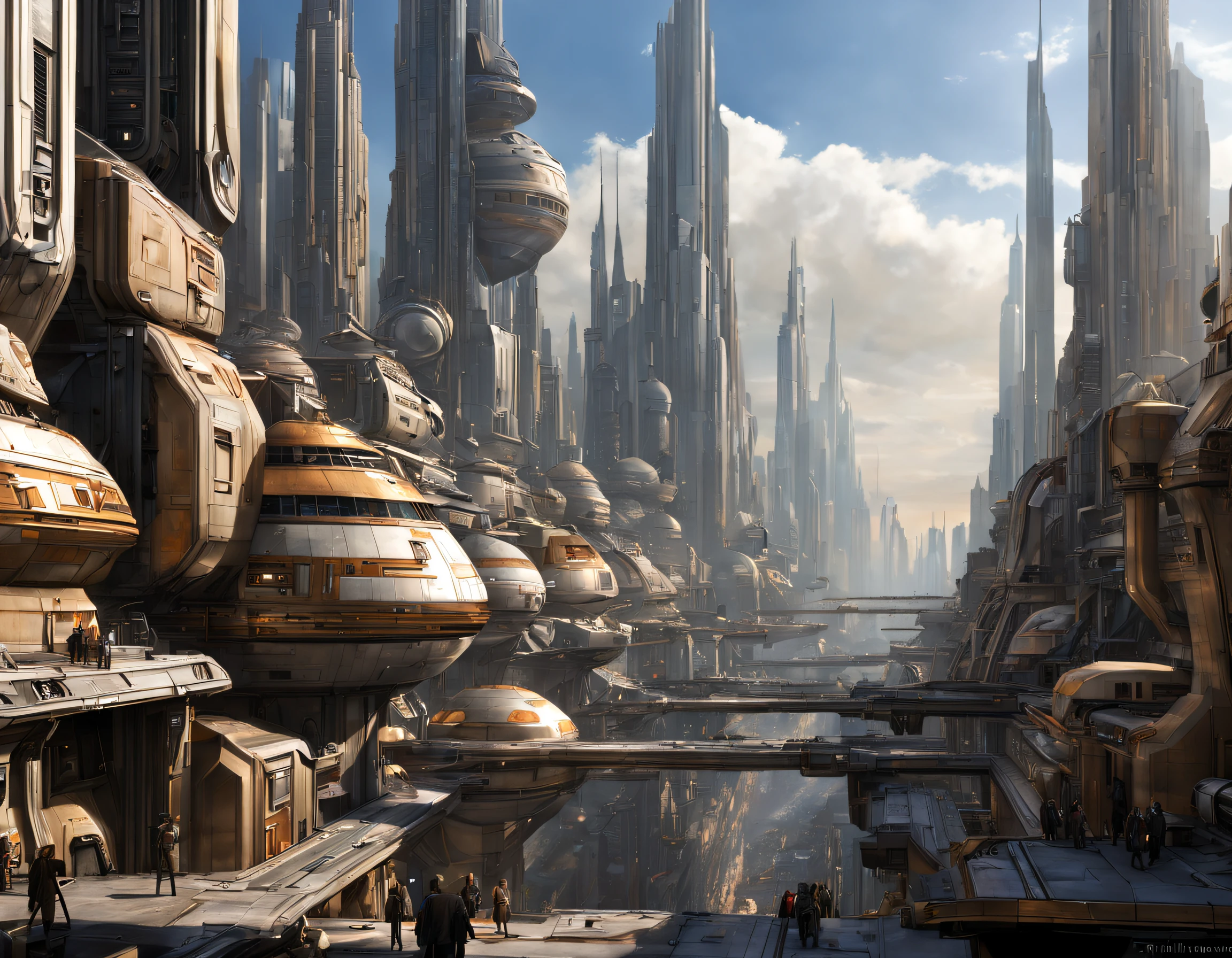 The city of Coruscant from Star Wars as designed by Doug Chiang, futuristic fantasy city with immense buildings of technological design (que forman una avenida infinita), edificios compactor no difuminados, con estructuras acristaladas en plata, oro y bronce espectaculares, (con colores vivos). pavimento ensolado (sin brillo). gente paseando. imagen bien definida con muchos edificios juntos. imagen nitida bien definida 8k. los edificios llegan alta el fondo.,8k. imagen cinematografica. iluminacion hora dorada. calidad superior.