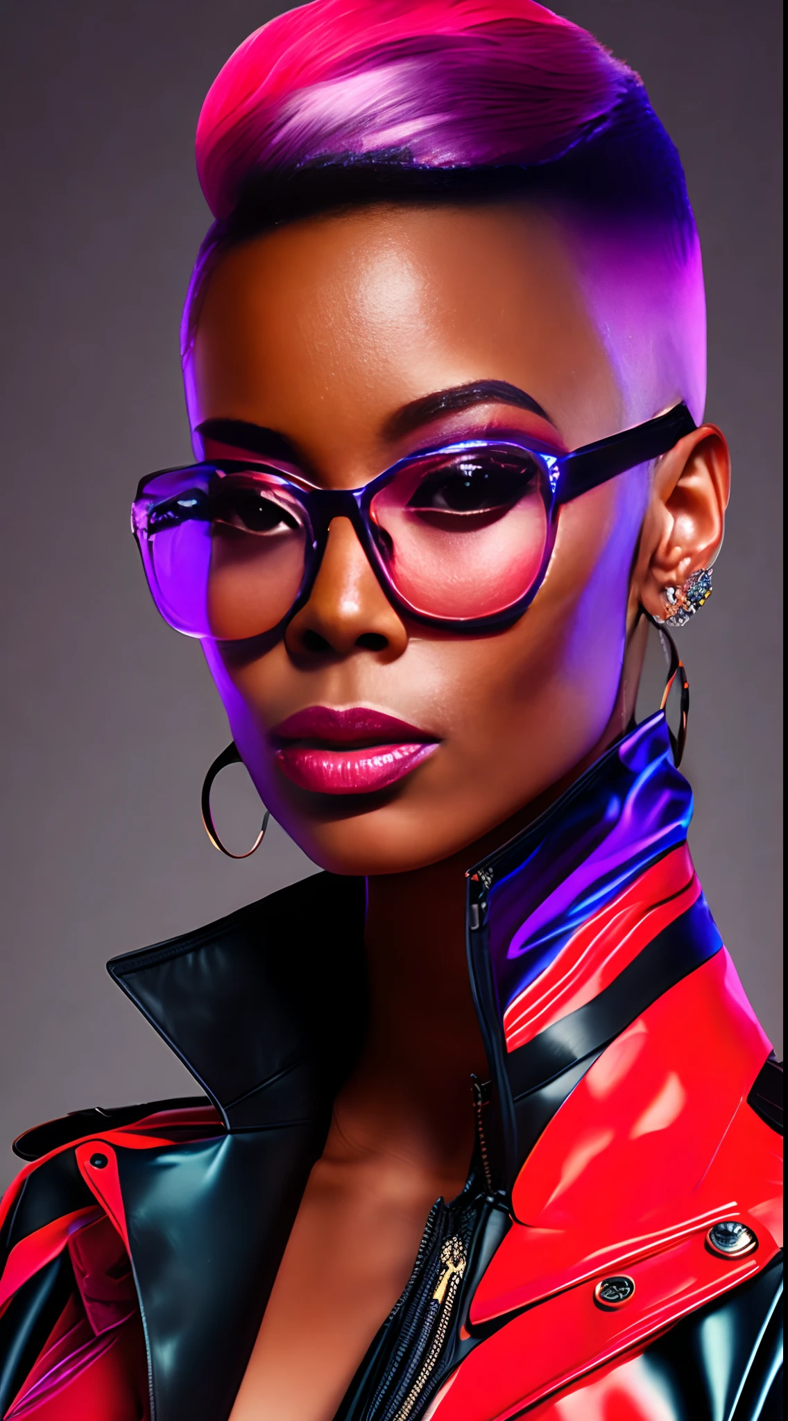 an AFRICAN woman a pair of glasses, Tapered hair, well cut, well shaved on the sides and back, style, a crazy piece, brincos, Colorful Trackextura latex jacket, glamour da cor do retrato, retrato colorido detalhado, retrato de alta qualidade, cor neon sangrar, Retrato colorido, color studio portrait, cores ultravioleta e neon, full-colour illustration, cores vibrantes hiper realismo, cores neon vibrantes, pop e cores vibrantes, moda colorida, cor neon, cor estilo cyberpunk, iridescent illustration(best quality,alto,ultra-detalhado,Realistic:1.37),retrato,personagem feminina,red latex military jumpsuit,(neon futuristic punk rock jacket ,recuado,preciso,elaborar),Solid Bottom Shaved Side Hair Short Top, corte de cabelo preto pixie undercut, cabelos naturais, cabelos cacheados e curtos, laterais raspadas, short hair on sides of head, cabelo preto curto com gel, corte de cabelo de cortina curta preta, cabelo curto preto encaracolado, contornos definidos suaves