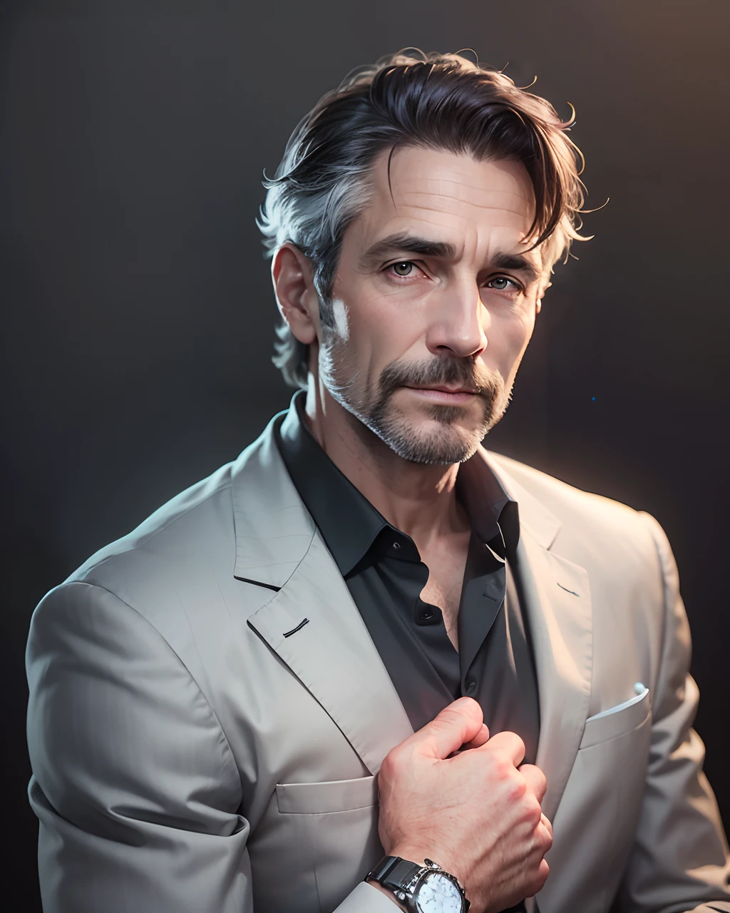 Mature and stable successful man in his 40s, male, half-length photo, hands Wearing a watch, black background, real portrait photography, HD, --auto --s2
