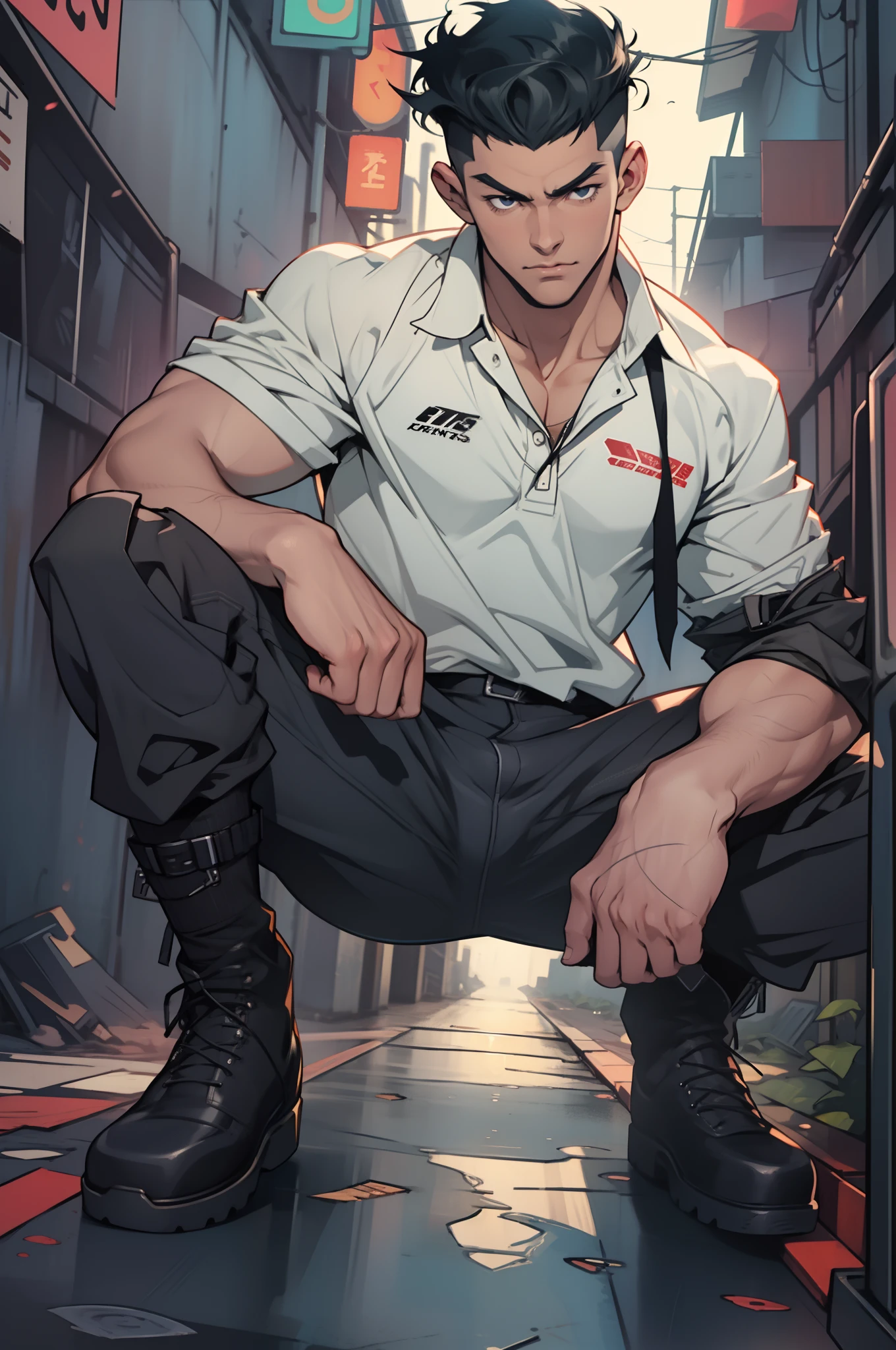 Highest image quality，male people，1 boy，Young and handsome，shoun，Short flat top hair，Dark  skin，anime，anime wallpaper，Solo，malefocus，Briefs，Dilation of the pectoral muscles，Bulging crotch，Urban background，spread their legs，Sexy,(Masterpiece, Best quality),Long white socks，Martin boots,CG sense，Dark atmosphere，8K,Cinematic lighting effects