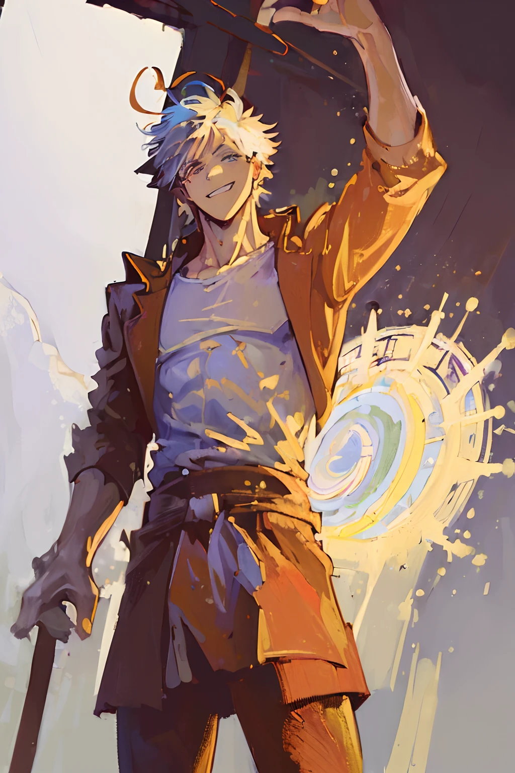 (​masterpiece:2.0), (top-quality:2.0), (view from the front:1.5), Long brown hair, brown eyes, demonic smile, holding a short spear, dressed in a tight black trenchcoat, white T-shirt, muscular male, covered in scars, relaxed facial expression, tall, standing in the clouds, euphoric smile, hunter, toji Fushigoro, Fushigoro, toji, Fushigoro toji, detailed