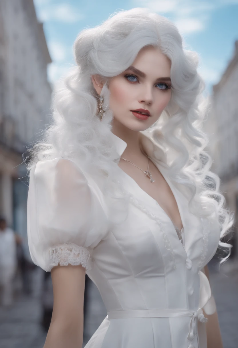 White color hair，Double ponytail curls，blue color eyes，White ta，Beth，A bustling city street