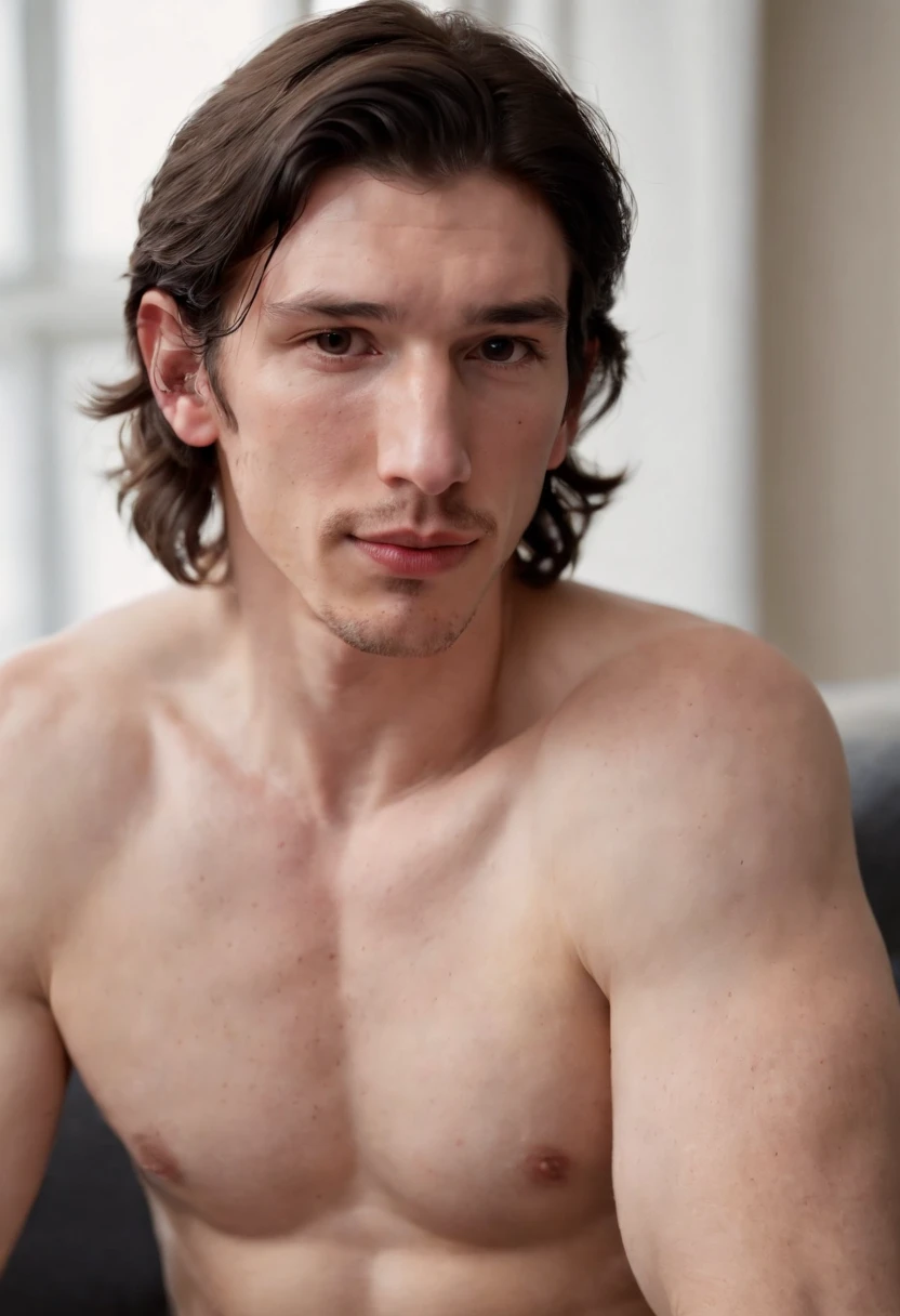 adam driver, (full body shot), (low angle camera shot), inside a bedroom laying on a bed, (exposed big hairy chest and abs:1.4),  exposing his big pecs and abs and hairy chest, looking at viewer, adam driver (extremely accurate and detailed facial features fo adam driver:1.2) , large bare feet, big bulge in crotch, muito bonito, Beautiful, long neck, hairy chest, protruding ears, big nose, freckles. showing big feet. large erect penis, hairy body, ginger.