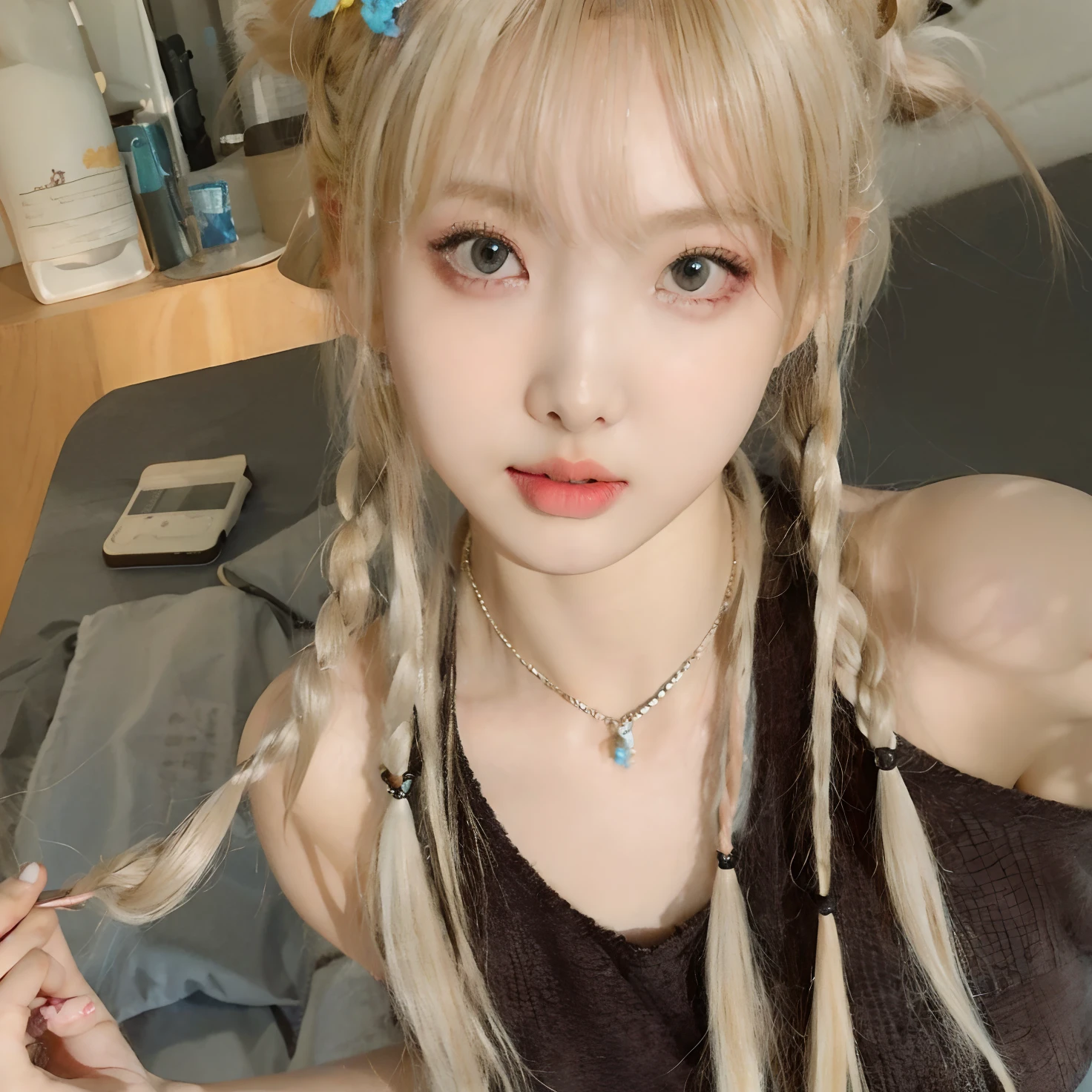 Araffe with long blonde hair and a braid in a room, cabello rubio con coletas, peinado de coletas, Peinado twintails, Chica de anime en la vida real, Pelo de coletas, Peinado kawaii, Dos coletas peinado, Linda cara de anime natural, con coletas negras, Misa Amane *, Lalisa Manobal, coleta larga, Hermosa Delphine