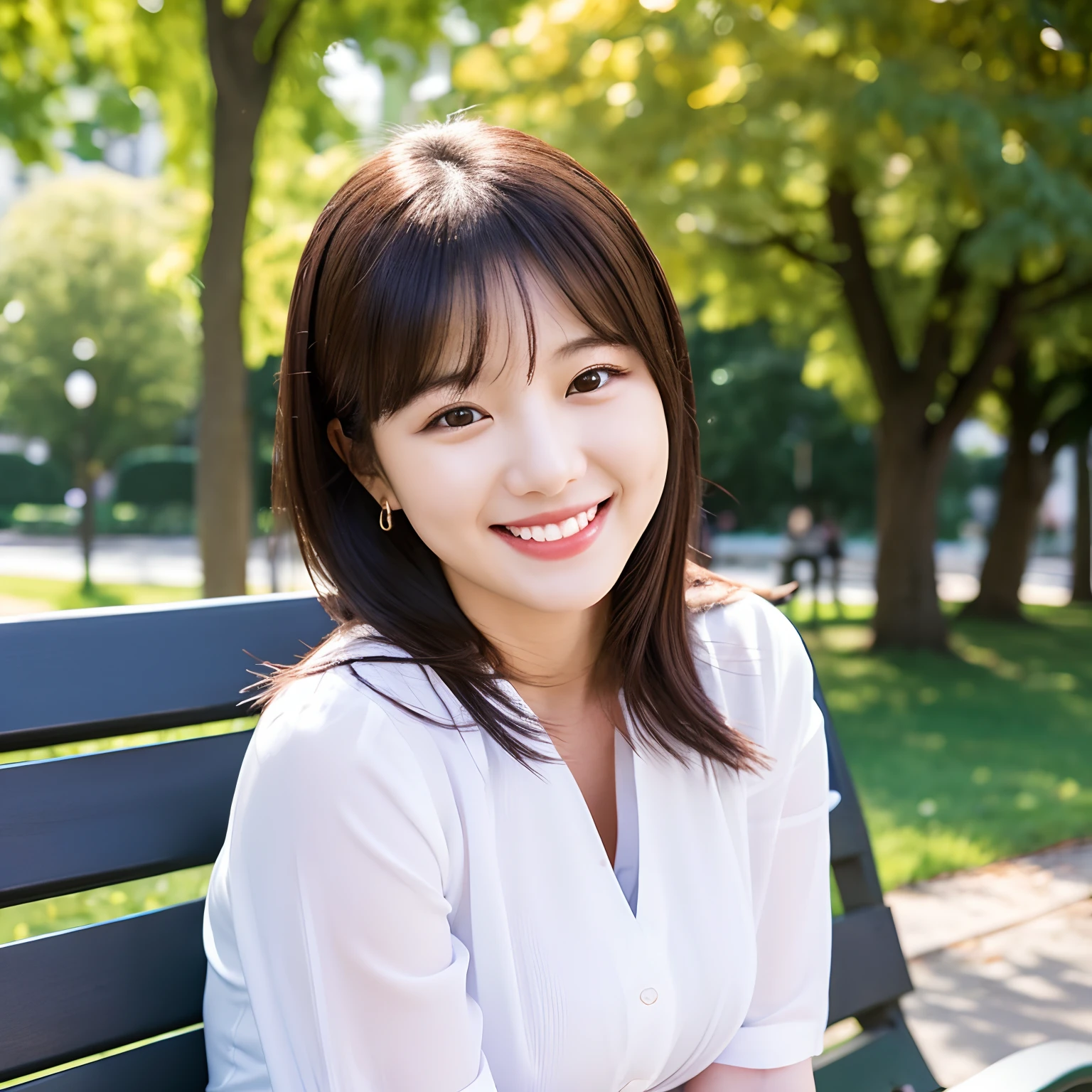 An office lady with a cute plump smile sitting on a park bench、in her 20s