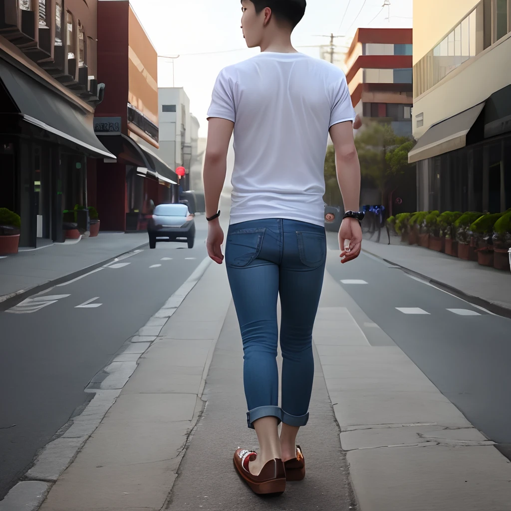 180cm,ember、Rear view、In the street、The shirt、jeans、espadrilles、empty background