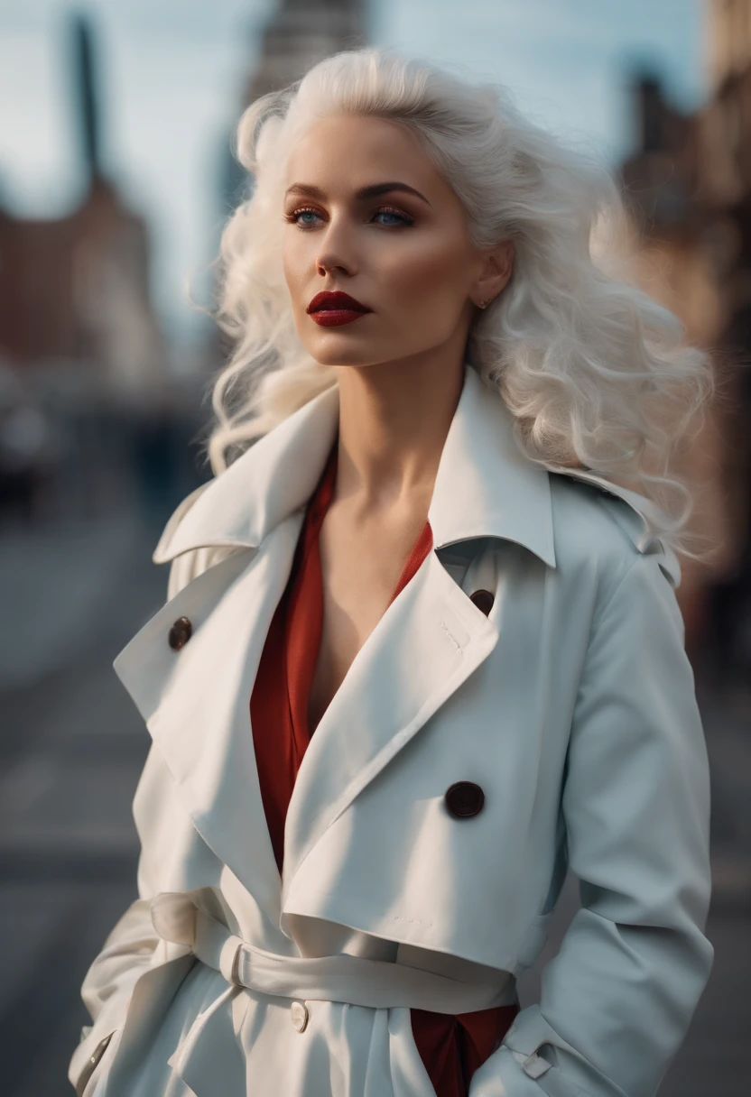 White color hair，Double ponytail curls，Pale blue eyes，White trench coat，Beth，A bustling city street，With a lollipop in your mouth