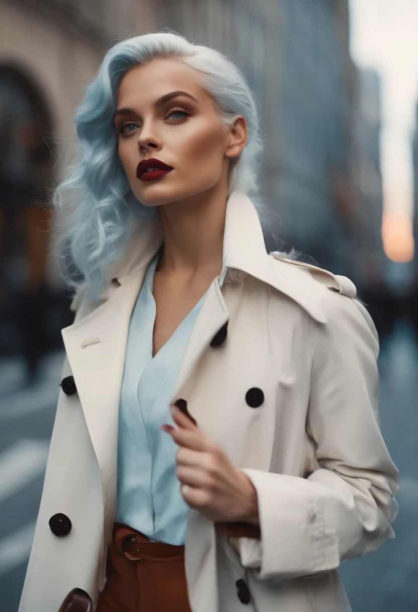 White color hair,Double ponytail curls,Pale blue eyes,White trench coat,Beth,A bustling city street,With a lollipop in your mouth