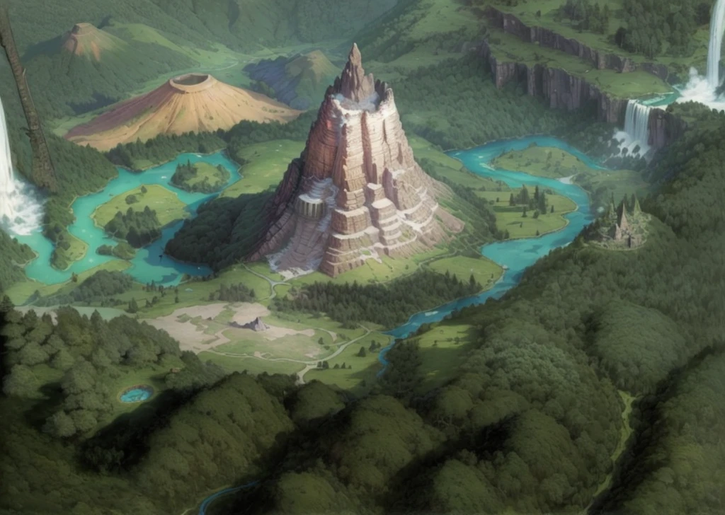 d&d forest map, world Map, dnd map, aerial view, fantasy map, roling hills, big mountain in the middle, waterfalls, volcano, masterpiece, area covered in dense forest and jungle