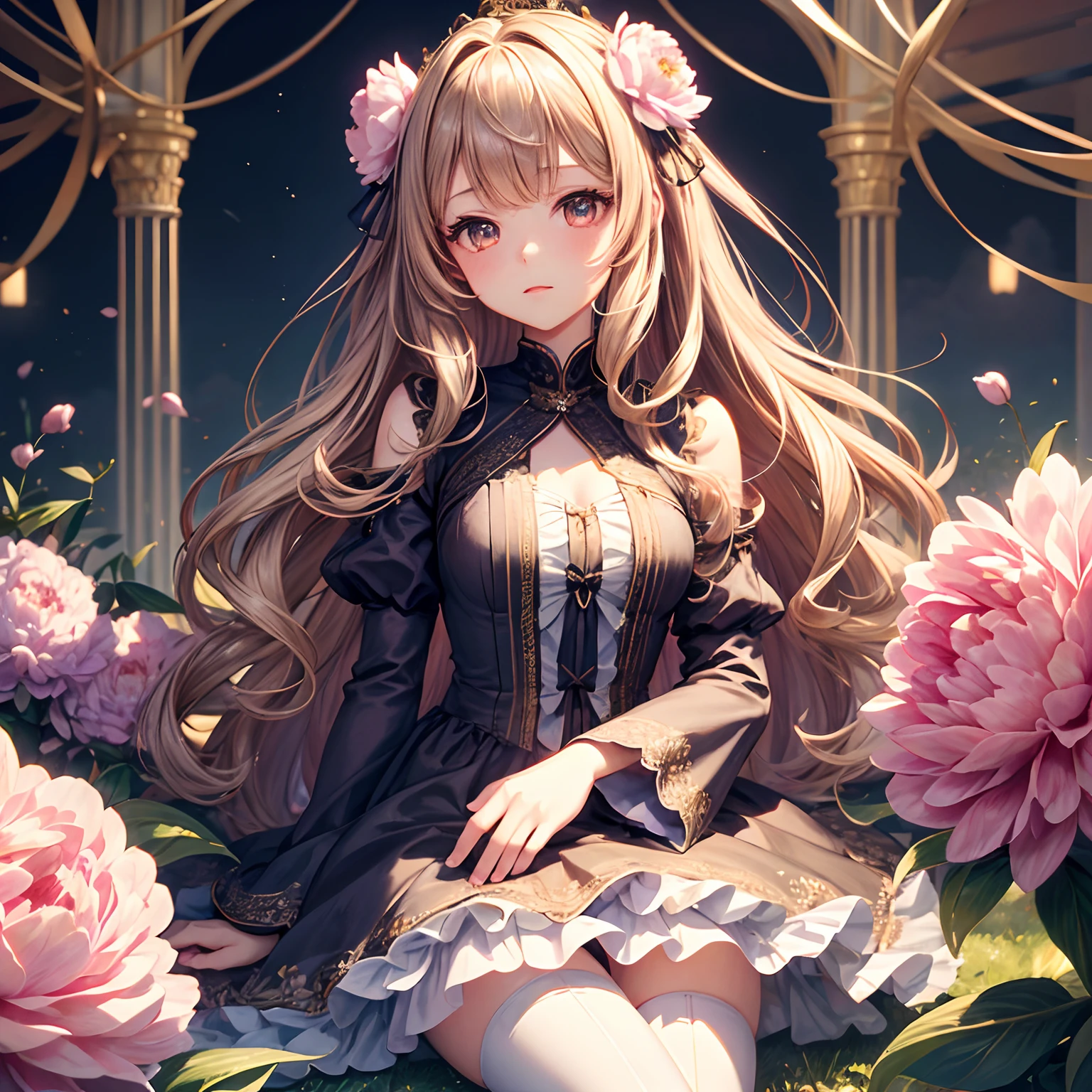 peonies,camellias,a extremely delicate and beautiful girl, high resolution illustration, Perfect details, whole body, Girls' Front, focus on the girl, look up to, petite, 1 girl, young girls, long hair blown up, curly hair, Air bangs, beautiful and detailed loong tail, hair intakes, light brown hair, Beautiful face, ^ ^, lovely big eyes, perfect hands, small breast, zettai ryouiki, light brown eyes, hair and clothes is flower, luxurious hair ornament, beautiful detailed dress, knee boots, detailed beautiful grassland with petal, dreamcore, flowers Surrounded, wallpaper 8k CG, hyper quality, extremely detailedmasterpiece,