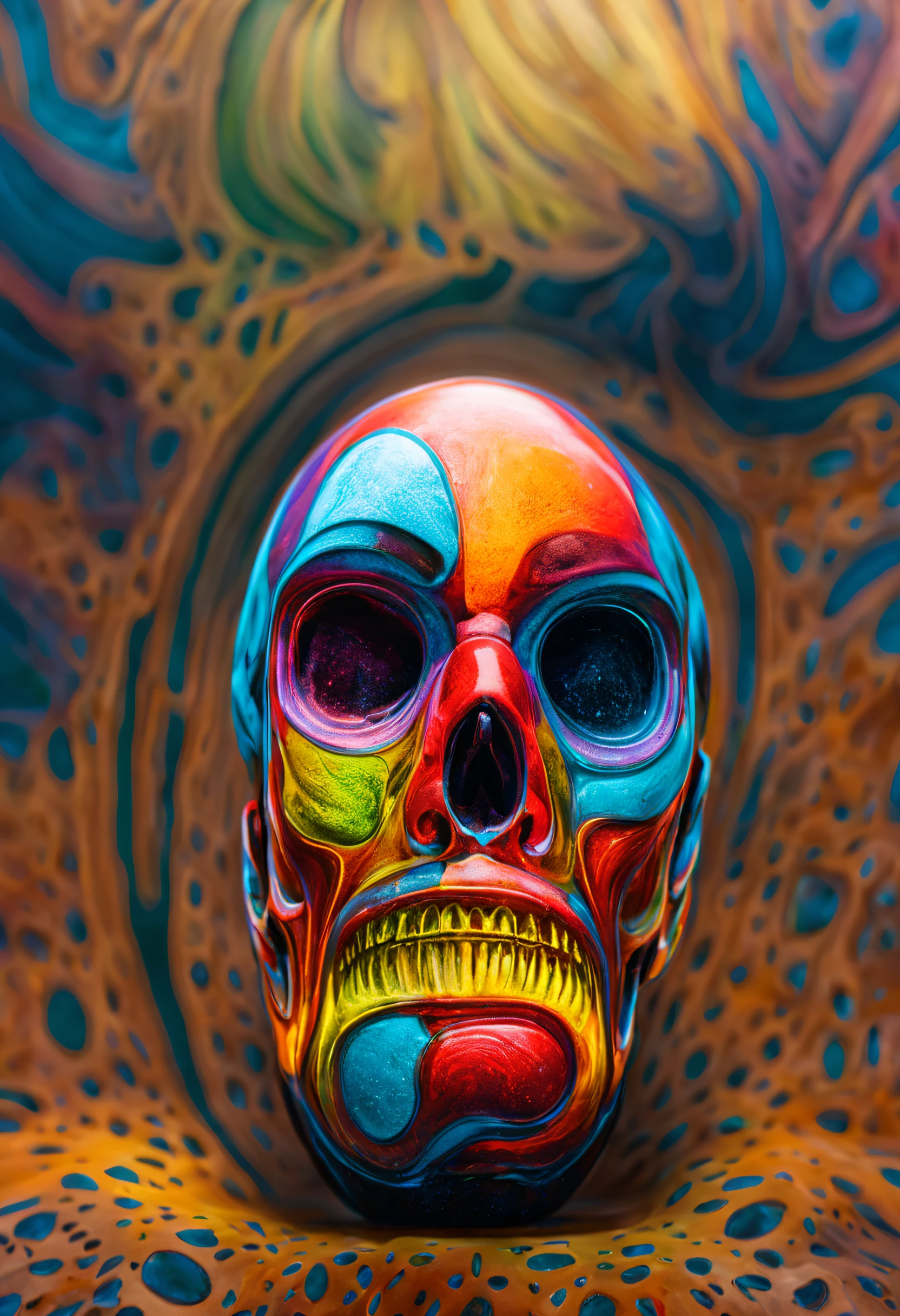 A psychedelic skull in glass, with la of colored sand and dust