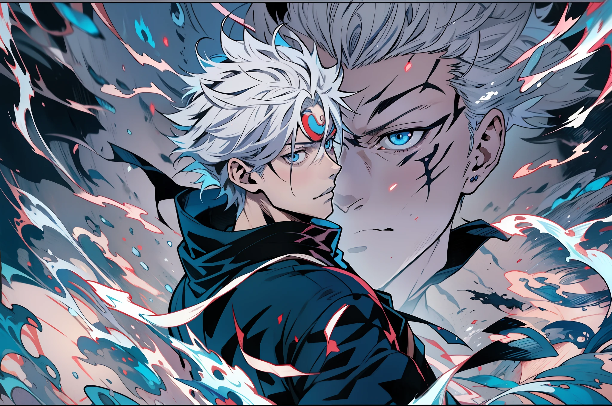 1man, gojo Satoru, anime style, dark blue clothes, sky blue shiny eyes, white hairs, jujutsu kaisen, epic background, 8K resolution, extremely detailed, best quality, masterpiece collection, Japanese anime, Gege Akutami, jujutsu kaisen