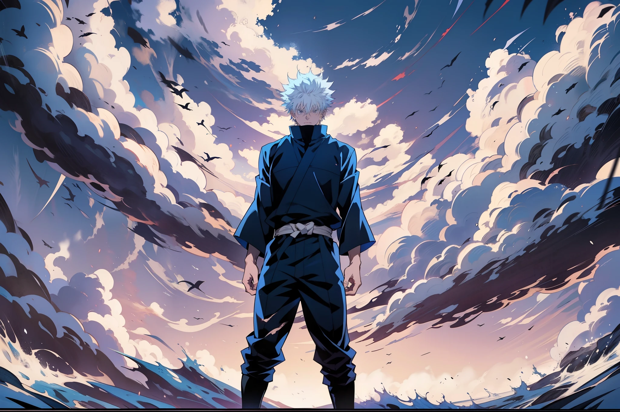 1man, gojo Satoru, anime style, dark blue clothes, sky blue shiny eyes, white hairs, jujutsu kaisen, epic background, 8K resolution, extremely detailed, best quality, masterpiece collection, Japanese anime, Gege Akutami, jujutsu kaisen