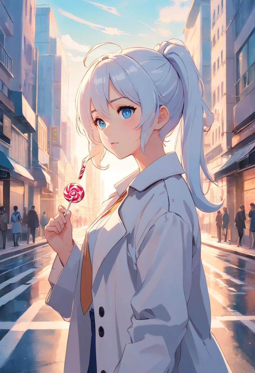 White color hair,Double ponytail curls,Pale blue eyes,White trench coat,Beth,A bustling city street,With a lollipop in your mouth