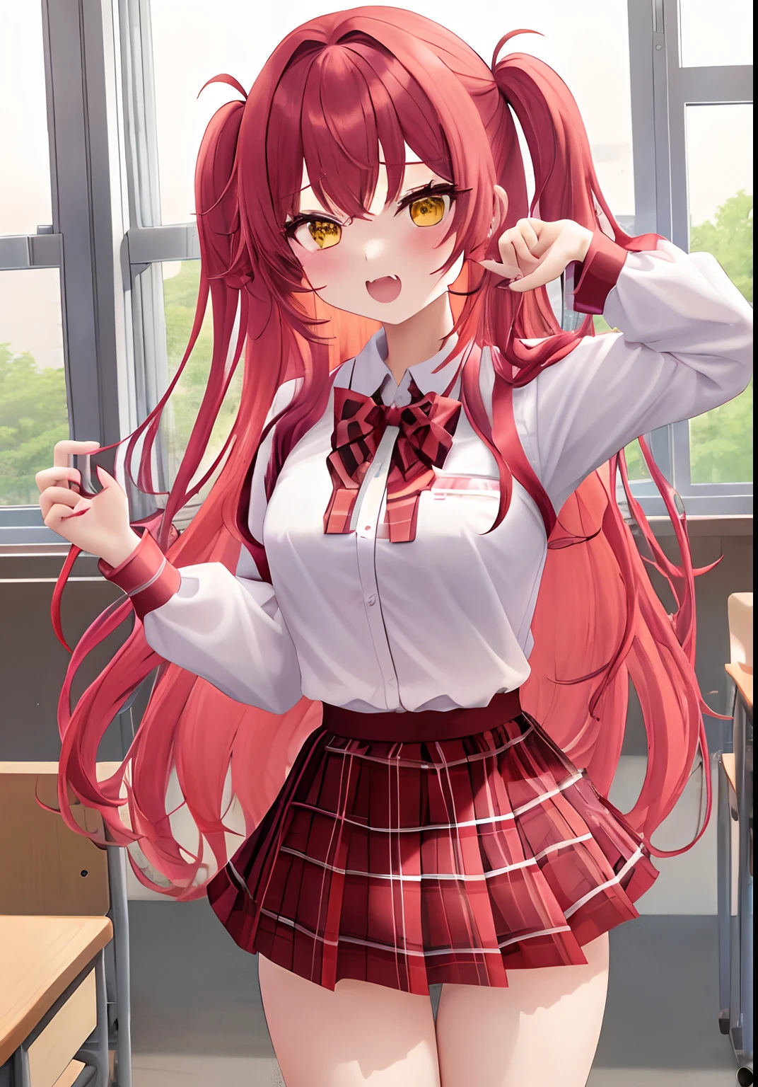 2 girls in、a beauty girl、Red-haired、Wolfhair、‎Classroom、Roll up a plaid skirt to show off her flashy yellow underwear、double tooth、Tall、tiny chest、skinny legs、Slim figure、Clean nails、Teleface、
