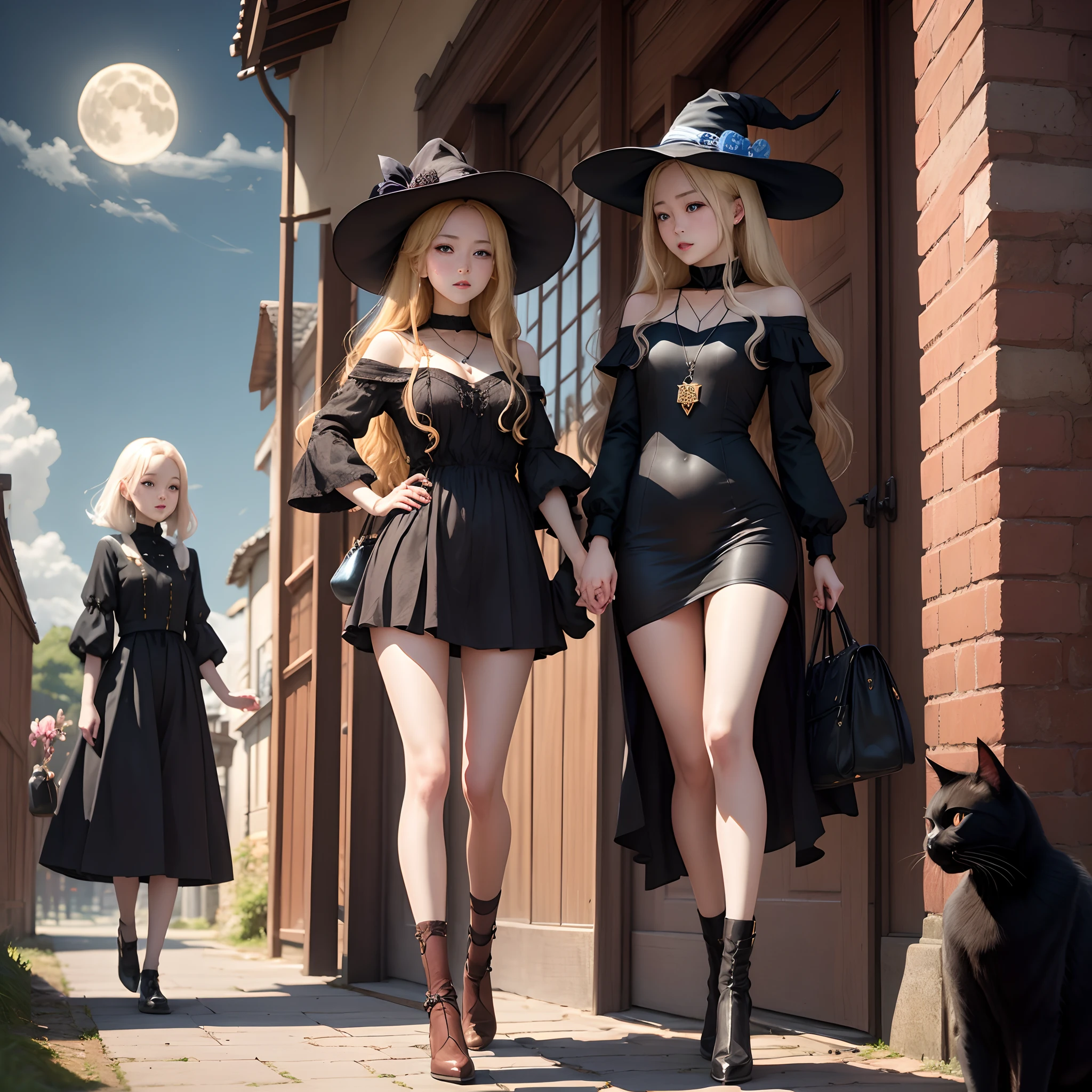 a blond、Long、girl with、the witch、black cat、a moon、Boom、Pendants、blue eyess