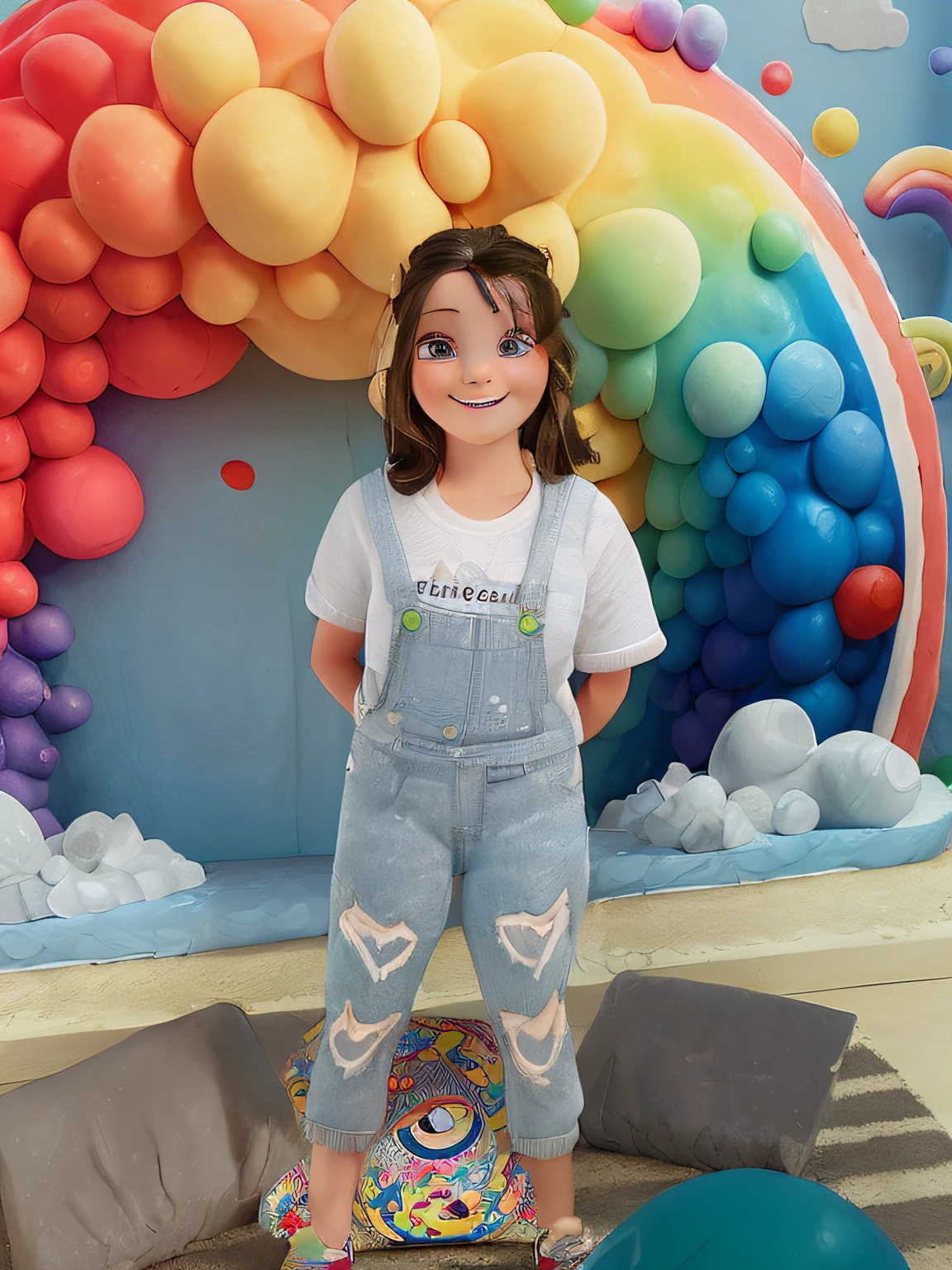 Menina de 6 anos com cabelos lisos castanhos e olhos grandes na cor de mel, She's smiling but she's missing 2 teeth in front, estilo disney pixar. Colocar um tenis estilo converse e o ambiente deve ser colorido.