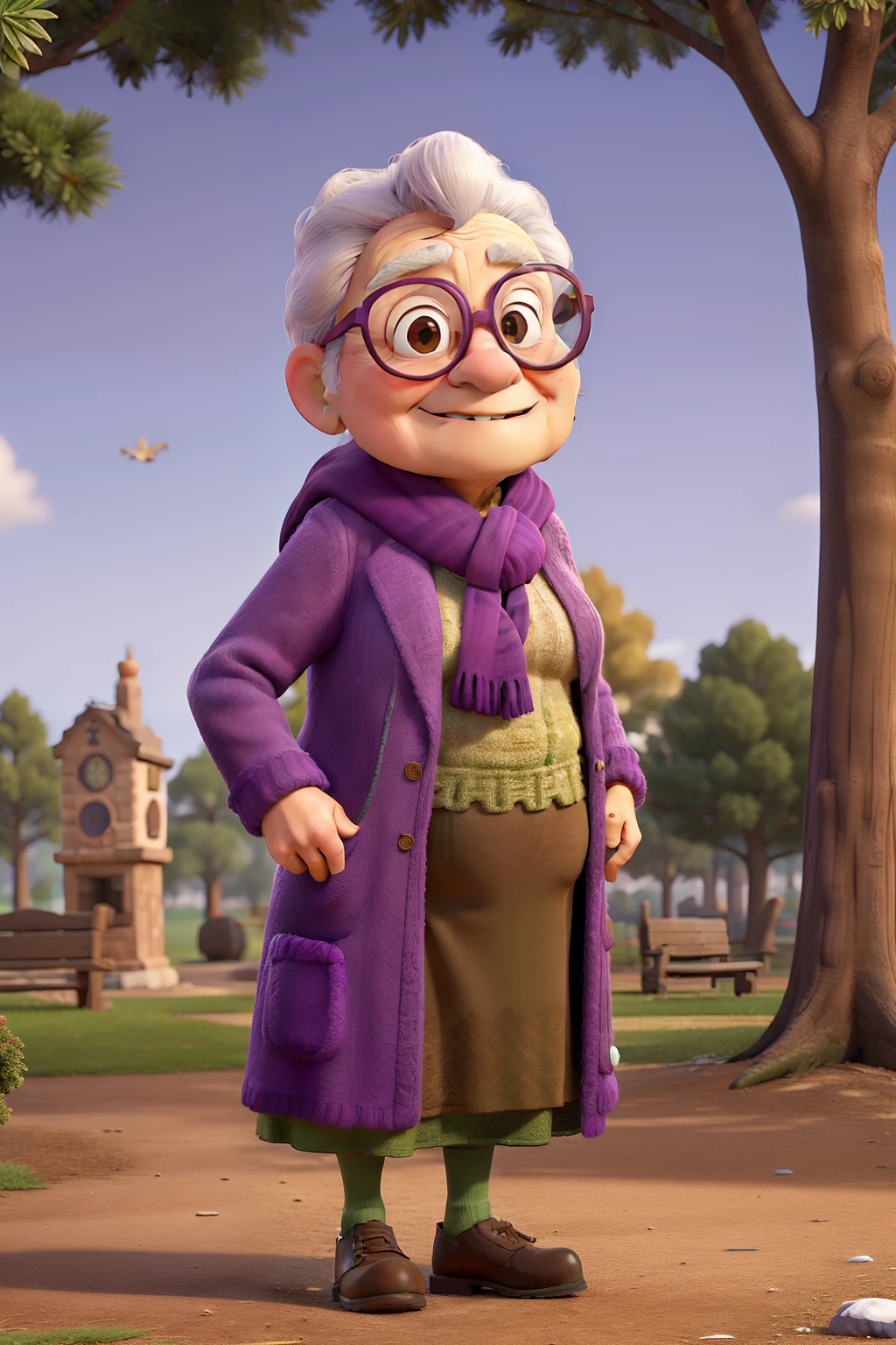 masterpiece, best quality, an old woman with glasses and a scarf on, wearing a purple coat and green scarf, standing at the park