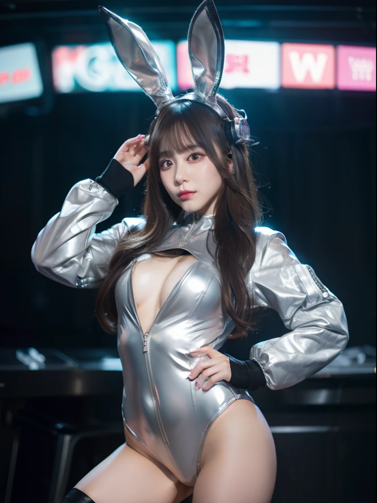 bunnygirl、、full body Esbian、Silver Leotard Bunny Suit、Gear Jacket、、Idol face、Mechanical rabbit ears、Cyberpunk background