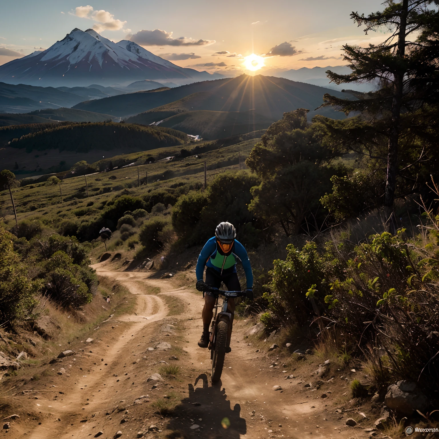 Uma imagem realista de um homem andando de mountain bike mas montanhas com um por do sol bonito