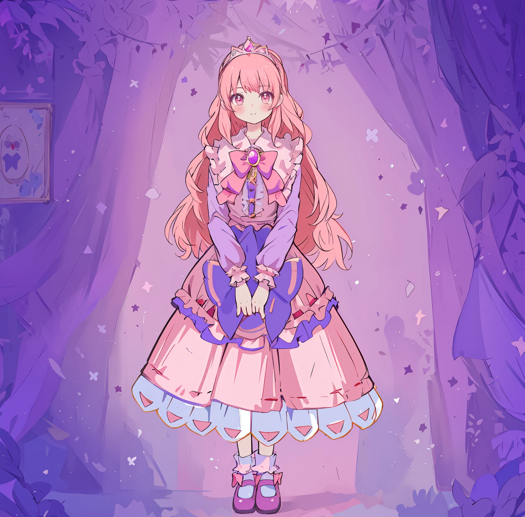 chica anime con un vestido rosa con un fondo morado, Princesa del anime, Portrait of Magical Girl, Loli en vestido, style of magical girl, portrait of magical lolita girl, !!Retrato de cuerpo entero!!, Marin Kitagawa Fanart, Personaje de Touhou, En el estilo de arte Ryuuou no Oshigoto, Retrato de Lolita, Princesa de Amatista, holo