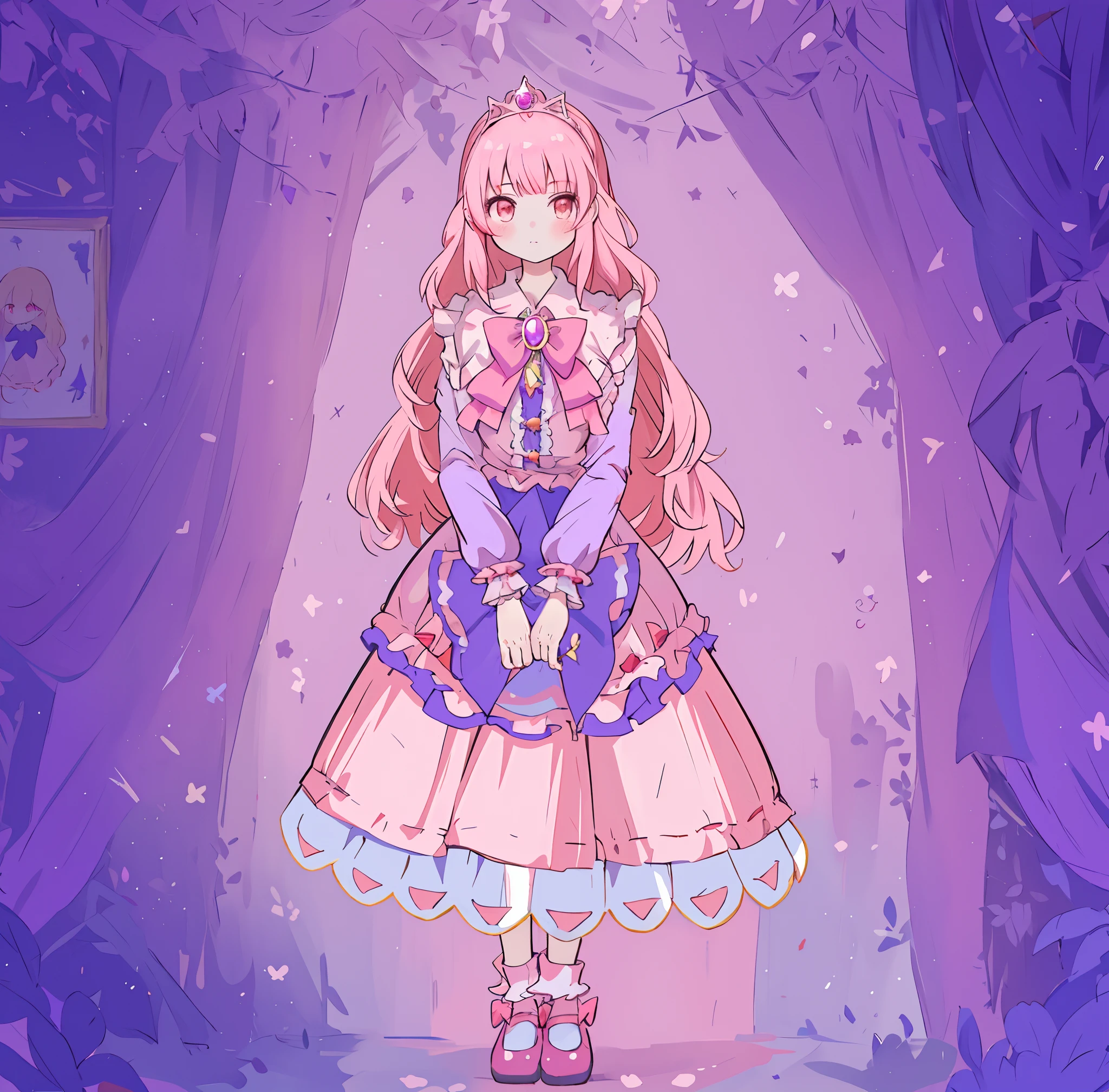 chica anime con un vestido rosa con un fondo morado, Princesa del anime, Portrait of Magical Girl, en vestido, style of magical girl, portrait of magical loliirl, !!Retrato de cuerpo entero!!, Marin Kitagawa Fanart, Personaje de Touhou, En el estilo de arte Ryuuou no Oshigoto, Retrato de Lolita, cesa de Amatista, holo
