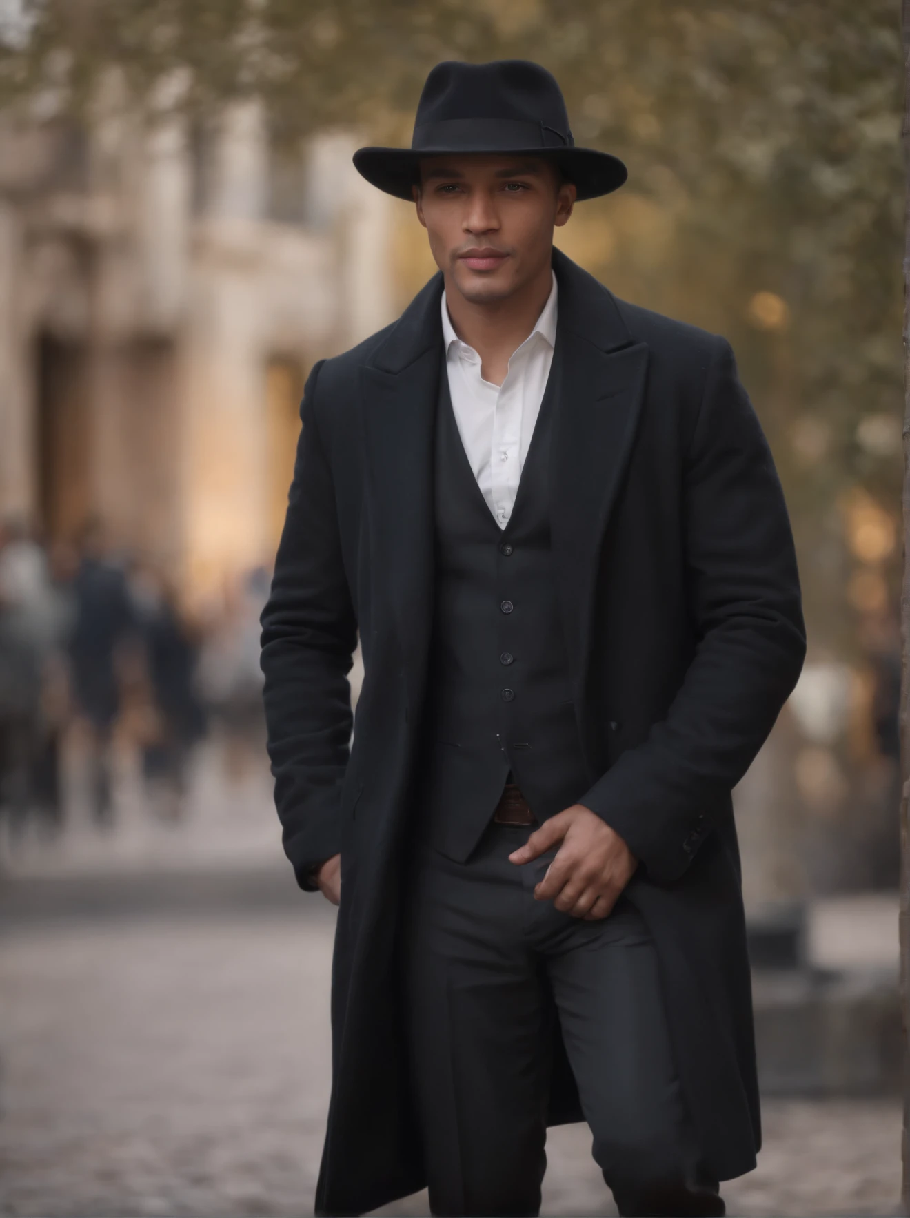 mixed-race man in black hat,black suit,overcoat,tired features,dark circles,(best quality:1.2),ultra-detailed,(realistic:1.37),(HDR:1.1),vivid colors,studio lighting,sharp focus,physically-based rendering,extreme detail description,professional,portrait,night scene,dim lighting.