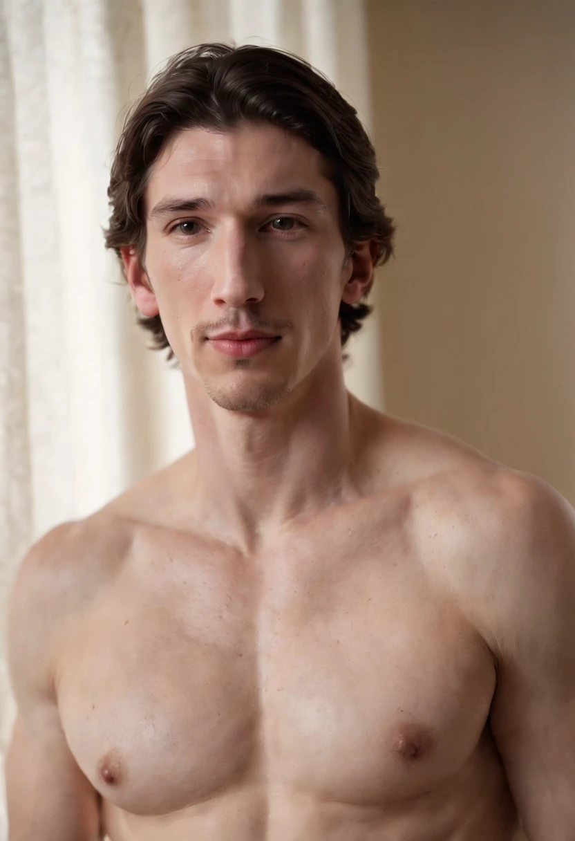 adam driver, (full body shot), (low angle camera shot), inside a bedroom laying on a bed, (exposed big hairy chest and abs:1.4), exposing his big pecs and abs and hairy chest, looking at viewer, adam driver (extremely accurate and detailed facial features fo adam driver) , large bare feet, big bulge in crotch, muito bonito, Beautiful, long neck, hairy chest, protruding ears, big nose, freckles. showing big feet. large erect penis, hairy body, ginger. tall, lanky, smile