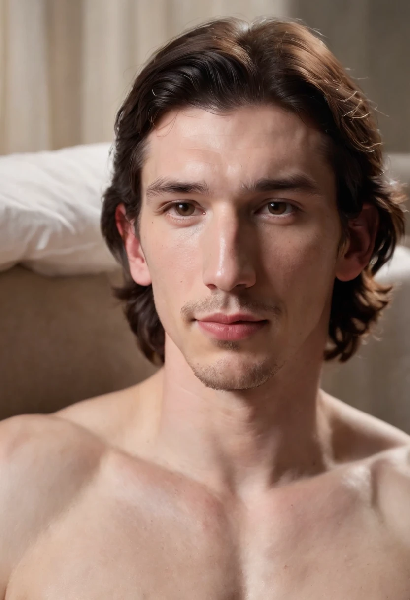 adam driver, (full body shot), (low angle camera shot), inside a bedroom laying on a bed, (exposed big hairy chest and abs:1.4), exposing his big pecs and abs and hairy chest, looking at viewer, adam driver (extremely accurate and detailed facial features fo adam driver) , large bare feet, big bulge in crotch, muito bonito, Beautiful, long neck, hairy chest, protruding ears, big nose, freckles. showing big feet. large erect penis, hairy body, ginger. tall, lanky, smile