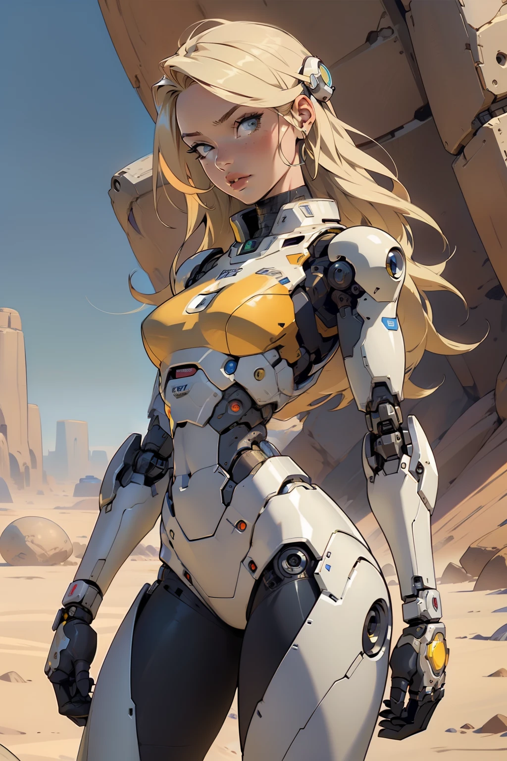 high quality, 4k, masterpiece, beautiful, cyborg girl, cowboy shot, dull eyes, looking at viewer, long blonde hair, girl, small breasts, fit thigh, robotic arms, robotic body, cyborg body, yellow accent, redaccent, intricate detail, joint, detailed lines, robotic detail, holding fist up, holding hand up as fist, color robotic parts, robotic parts with color, perfect fingers, on a desert planet, sunny background, colorful desert,