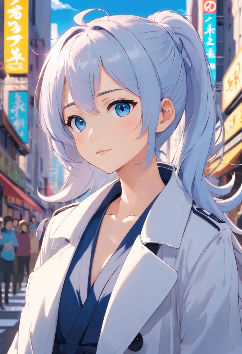 Silvery hair，Double ponytail curls，Pale blue eyes，White trench coat，Beth，A bustling city street，With a lollipop in your mouth，ssmile，Small sunglasses on top of the head