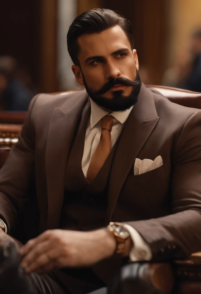 Mafia man, ultra realistic boy, in parliament, wearing suite, brunet hair, with beard and mustache, smoking a cigar, 8k UHD, maximum details, brown eyes