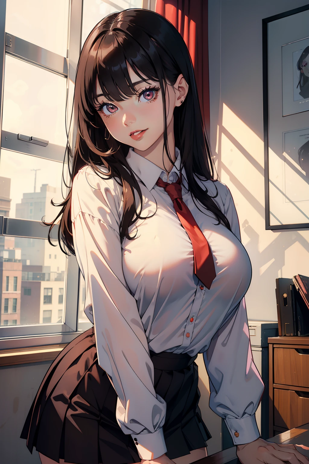 (masterpiece), best quality, absurdres, texture, highres, expressive eyes, perfect face, young adult, female, beautiful eyes, brown eyes, long black hair with curtain bangs, office skirt, sexy, pink outfit. Smile, tongue out, slightly chubby body, red lips