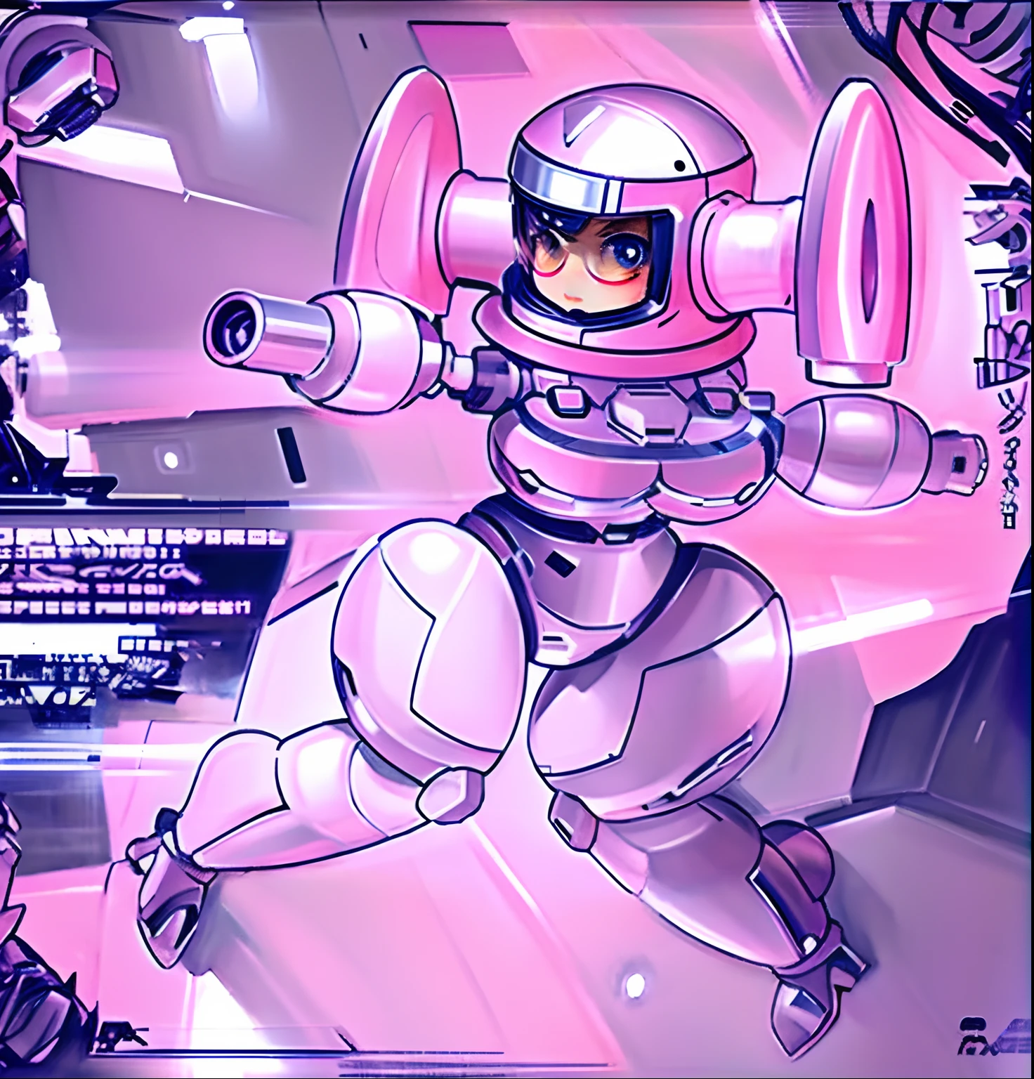 Drawing of a pink spacesuit with a gun in his hand, pink armor, Pink Armor,, Girl in Mecha Cyber Armor, fully robotic!! catgirl, fully robotic!! helmets, mechasuit, Glasses Girl, full body mecha suit