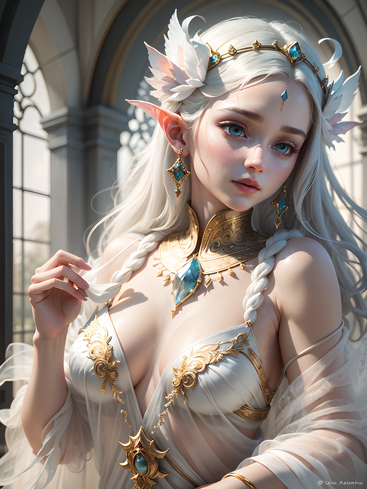 15

A close-up view of an alabaster representation of an Otherworldly Fairy Queen reveals her celestial robe, adorned with subtle pastel accents, gracefully poised against the backdrop of pure, polished white marble. The soft watercolor touches enhance the delicate texture of her gown, creating a vision of ethereal beauty. Her serene expression and graceful form make her appear as though she has stepped out of a timeless, classical masterpiece, bringing the enchantment of a mythical realm to life, 3d renderv5, --auto --s2