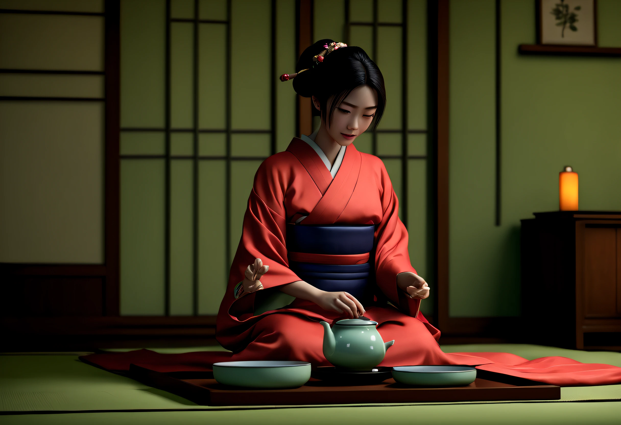 (best quality, 4k, 8k, high resolution, masterpiece: 1.2), ultra detailed, (realistic, photorealistic, photorealistic: 1.37),best quality, masterpiece, of A woman in a kimono performs the tea ceremony in a seiza position on a tatami, Disney cartoons, cute cartoons, cinematic, volumetric lighting, highly detailed, 8k